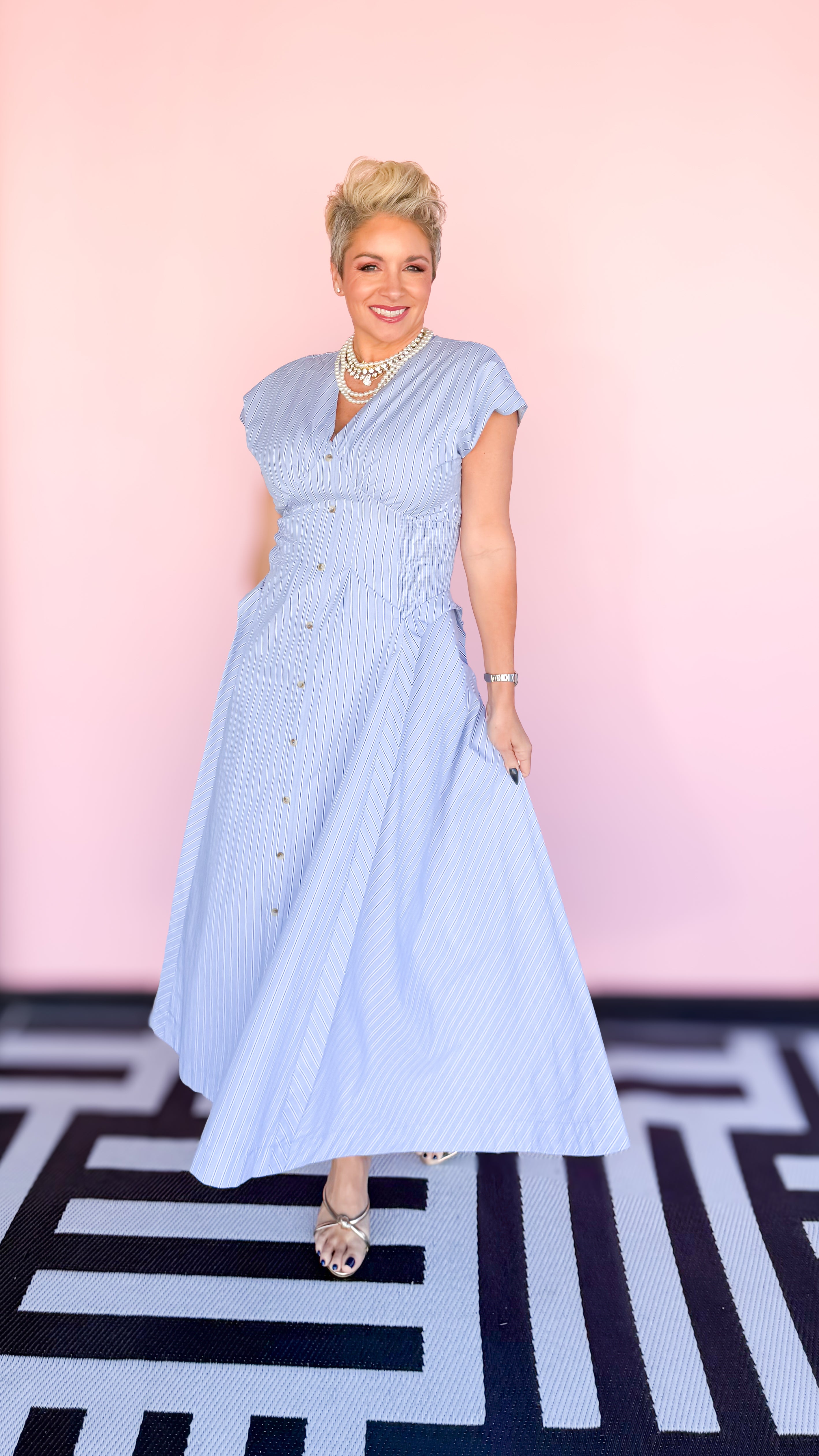 Pinstripe Smocked Waist Dress/Blue - The BLVD