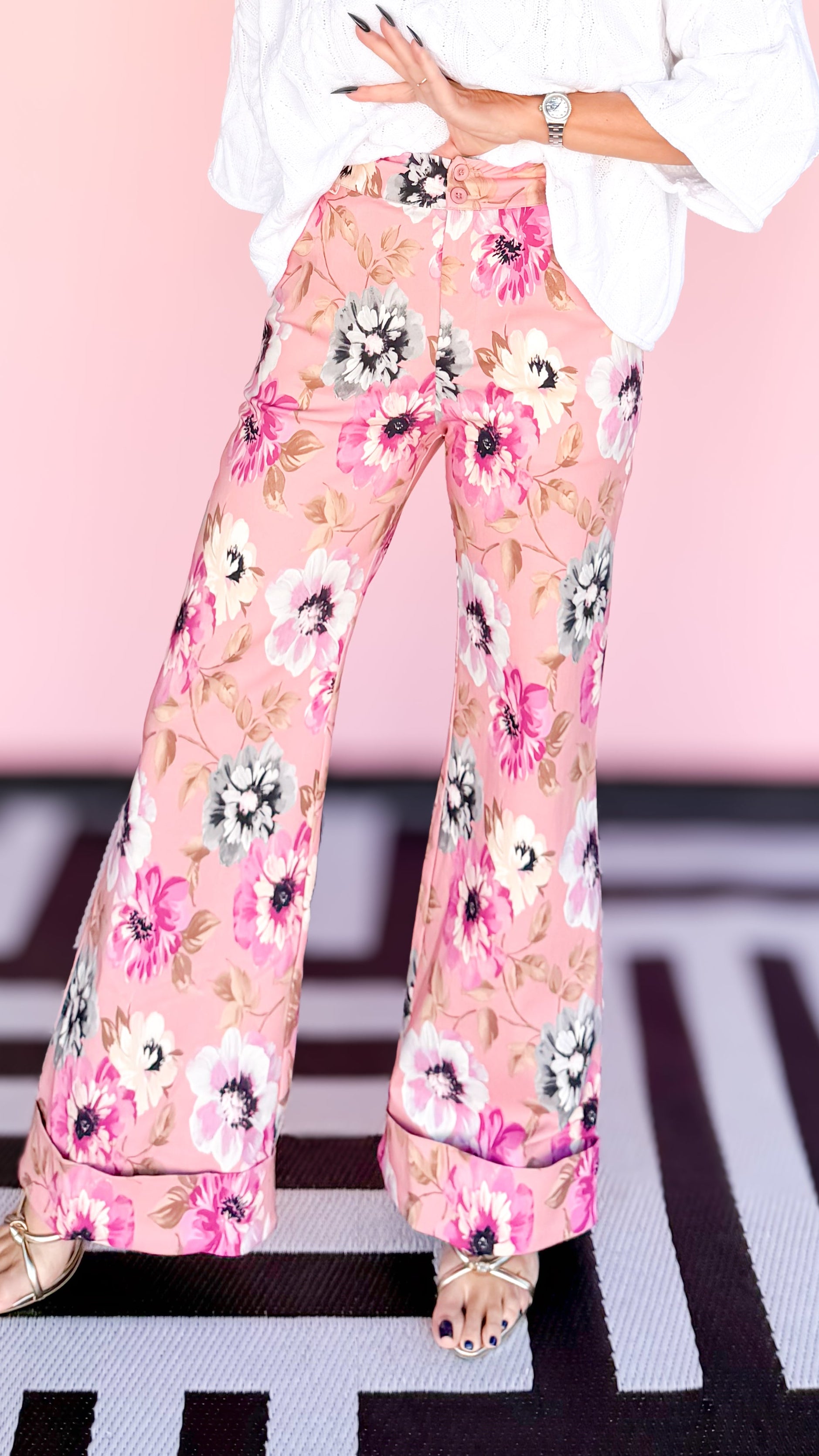 High Waisted Floral Flare Pants/Pink