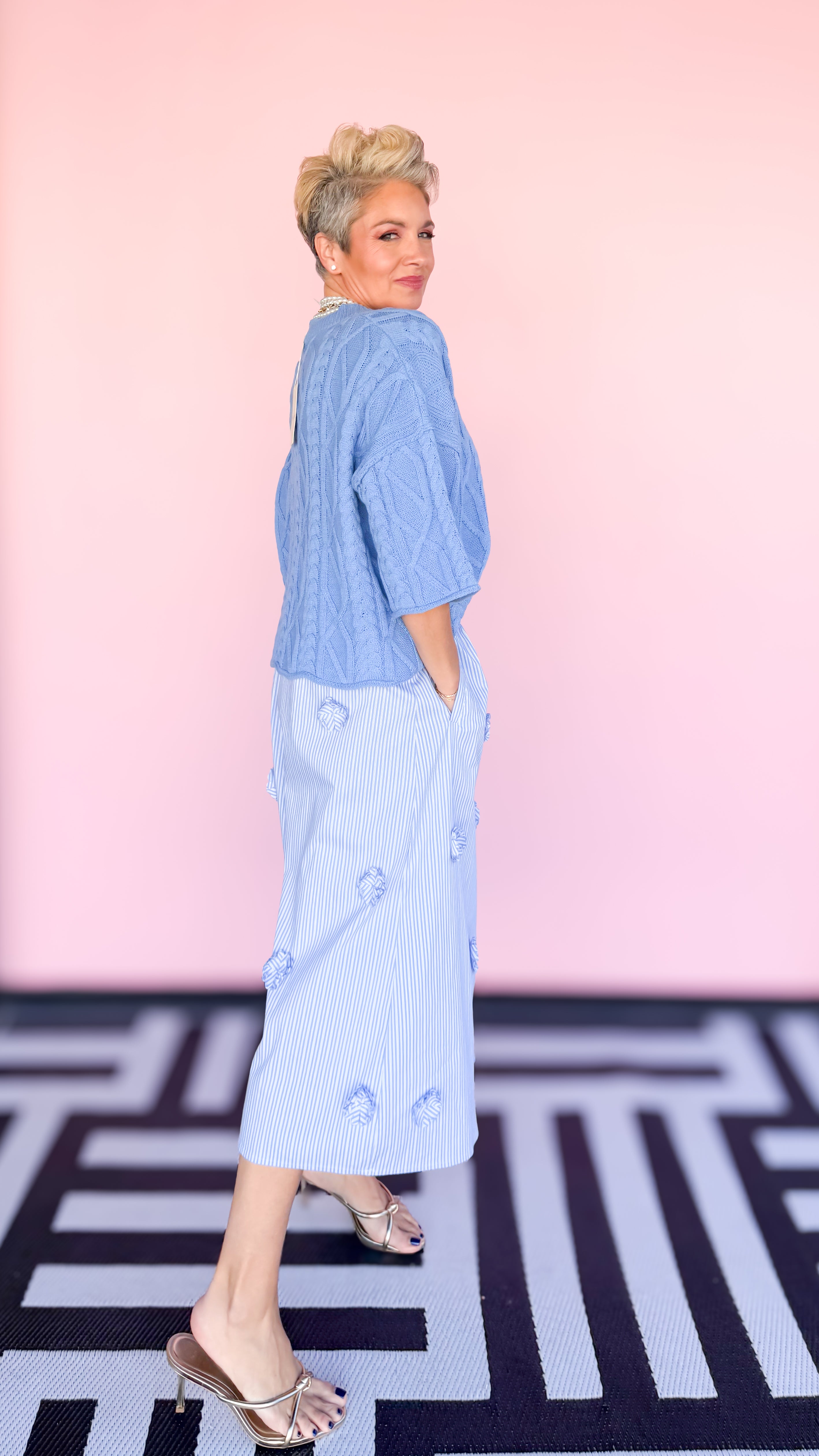 Bell Sleeve Cable Knit Sweater/Blue