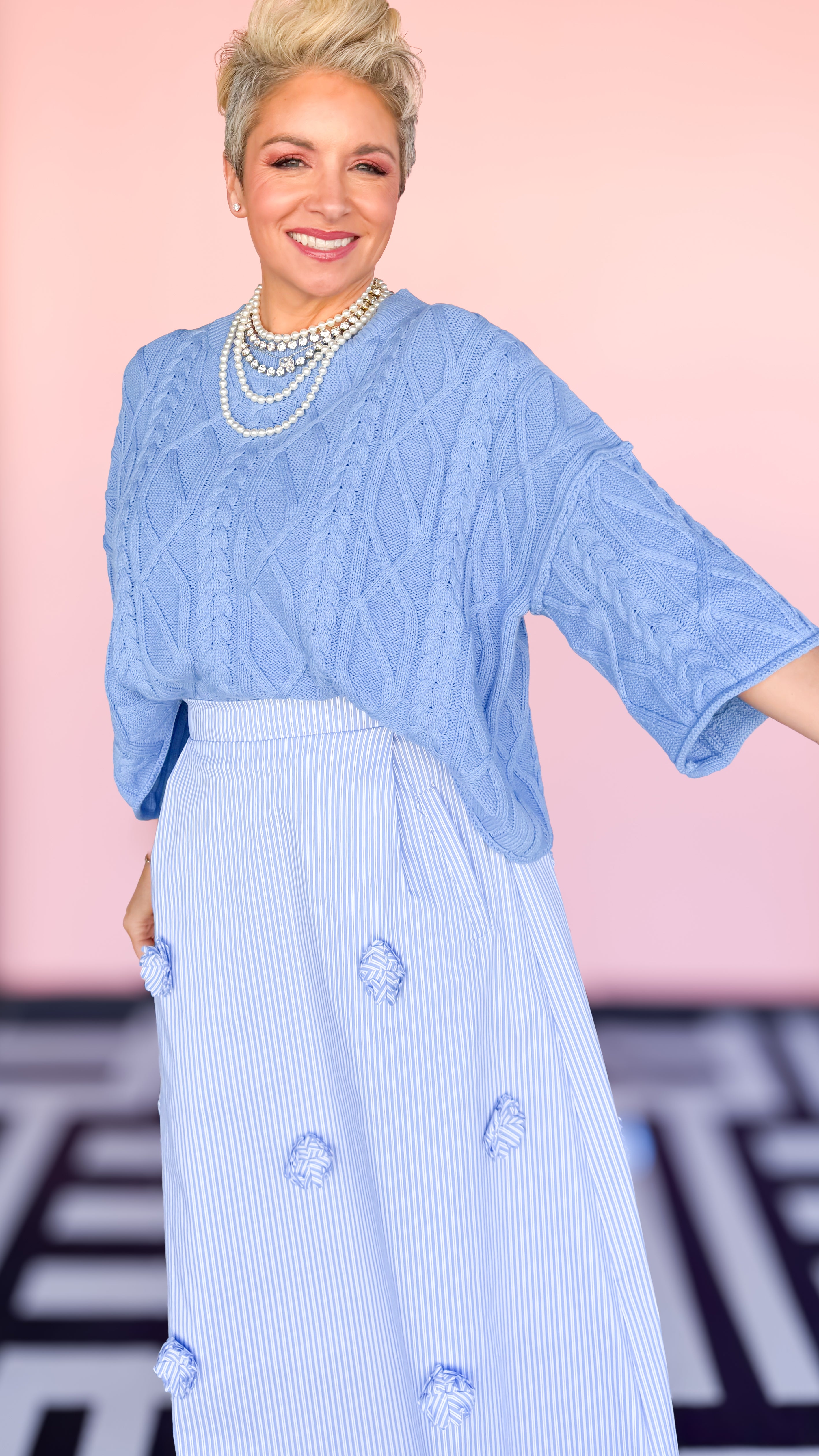 Bell Sleeve Cable Knit Sweater/Blue