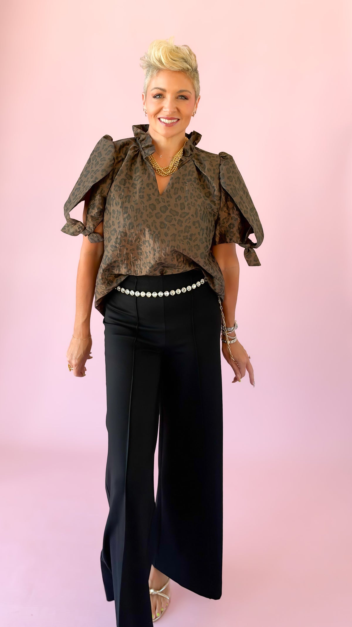 Ruffle Collar Cheetah Top/Brown