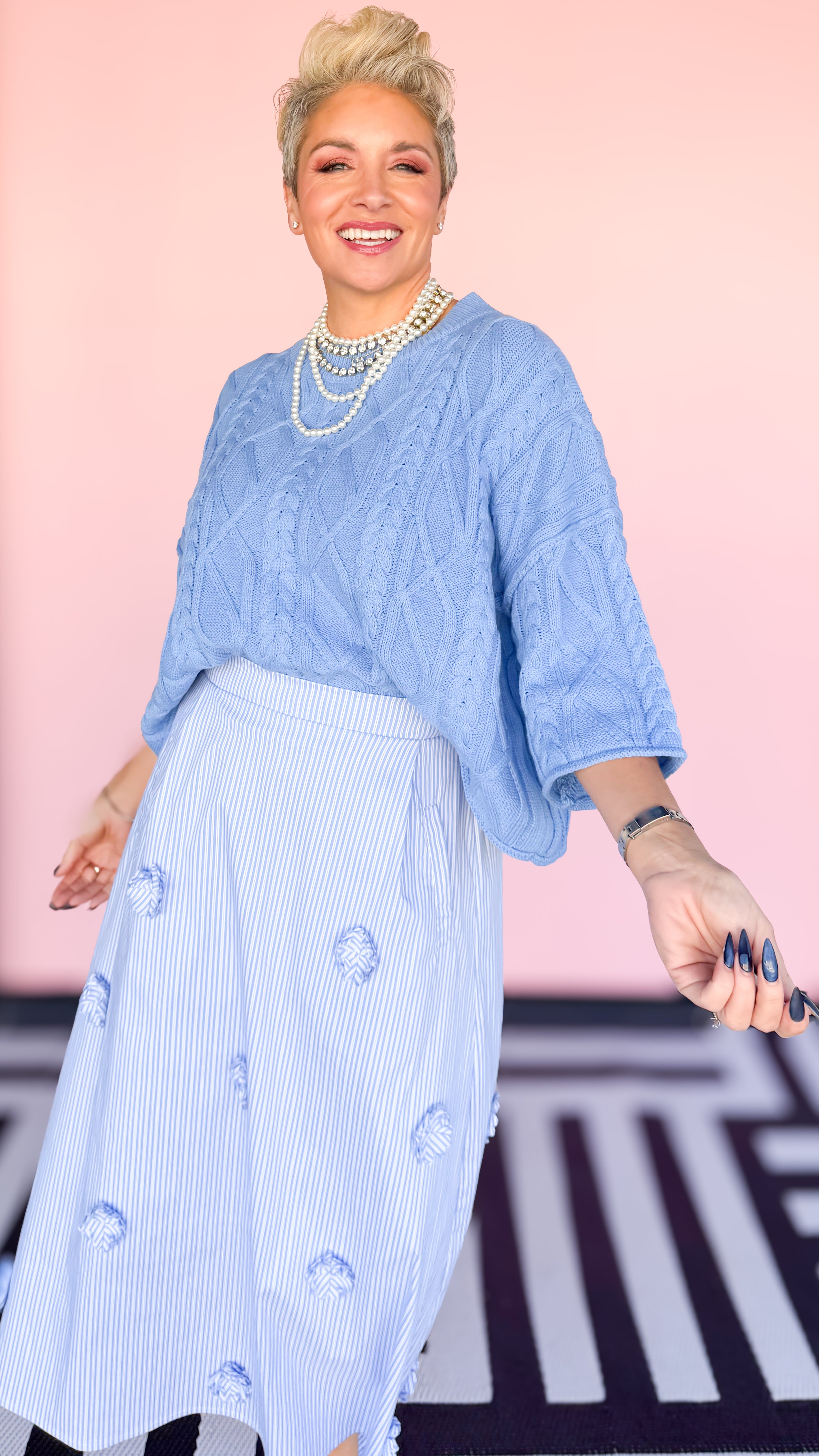 Bell Sleeve Cable Knit Sweater/Blue