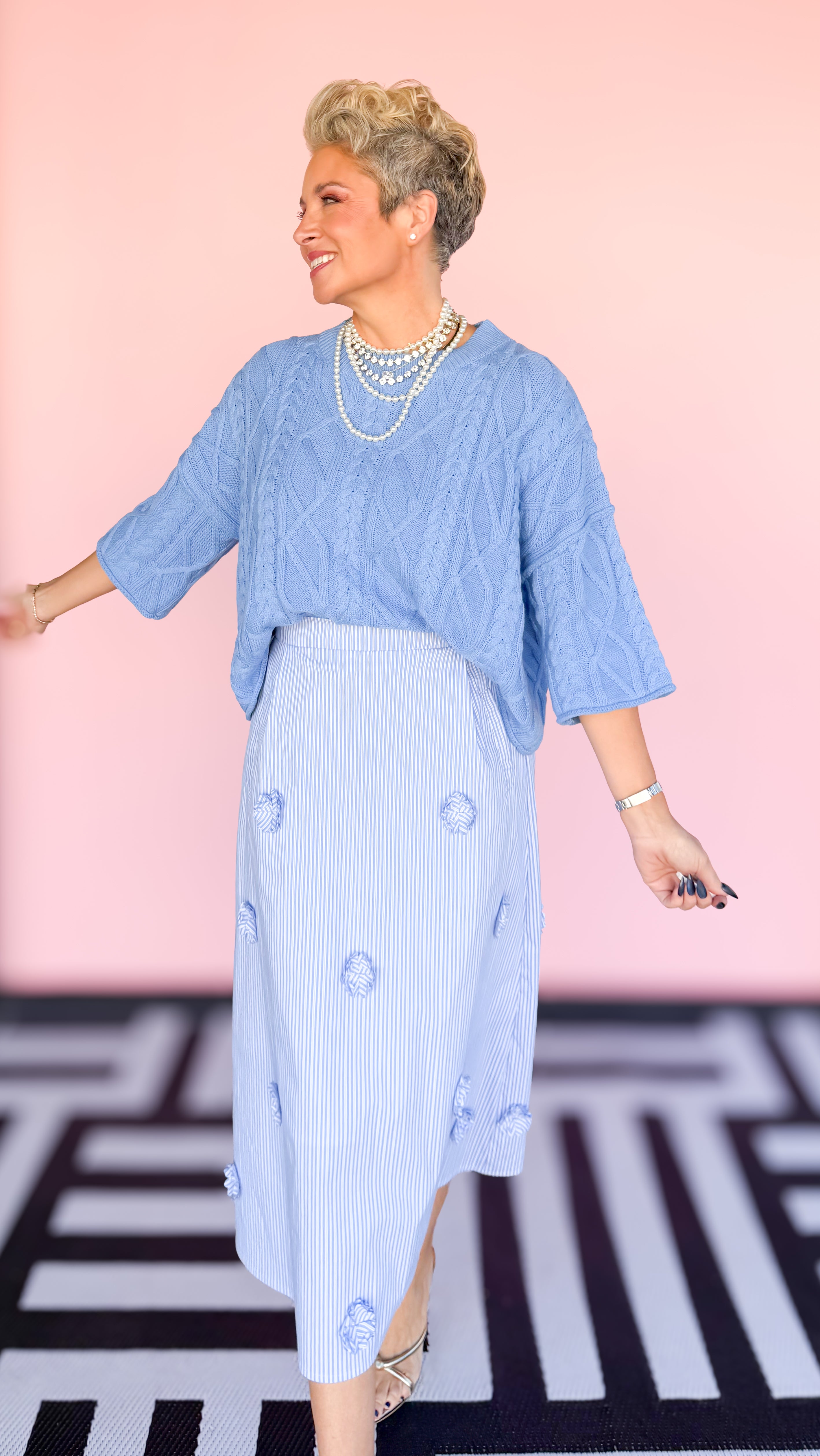 Bell Sleeve Cable Knit Sweater/Blue