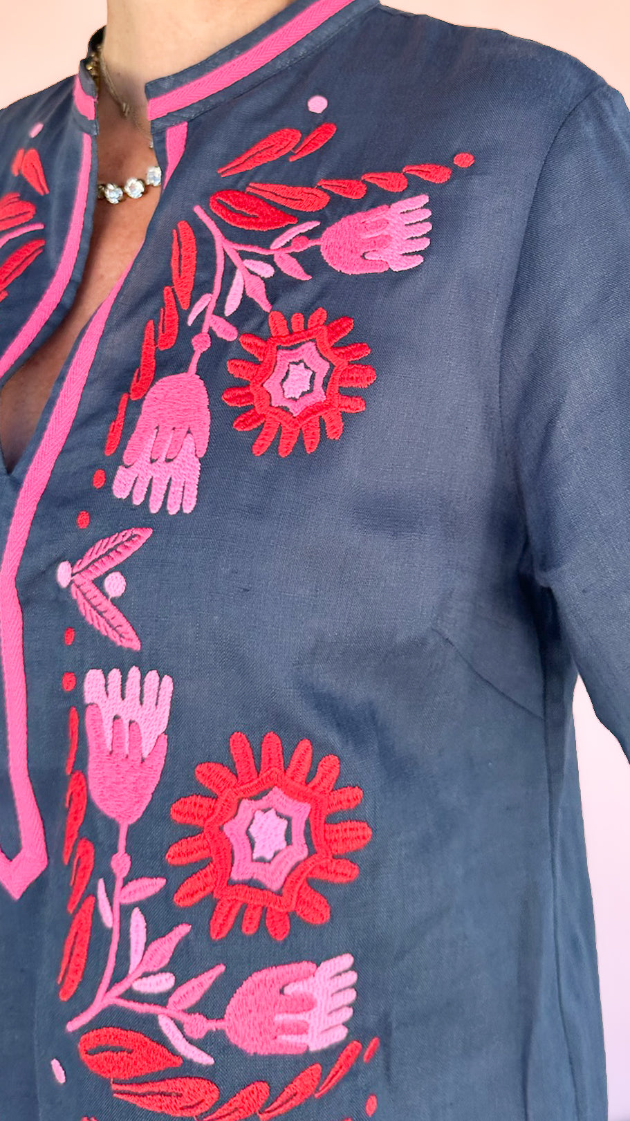 Lino Embroidered Dress/Navy
