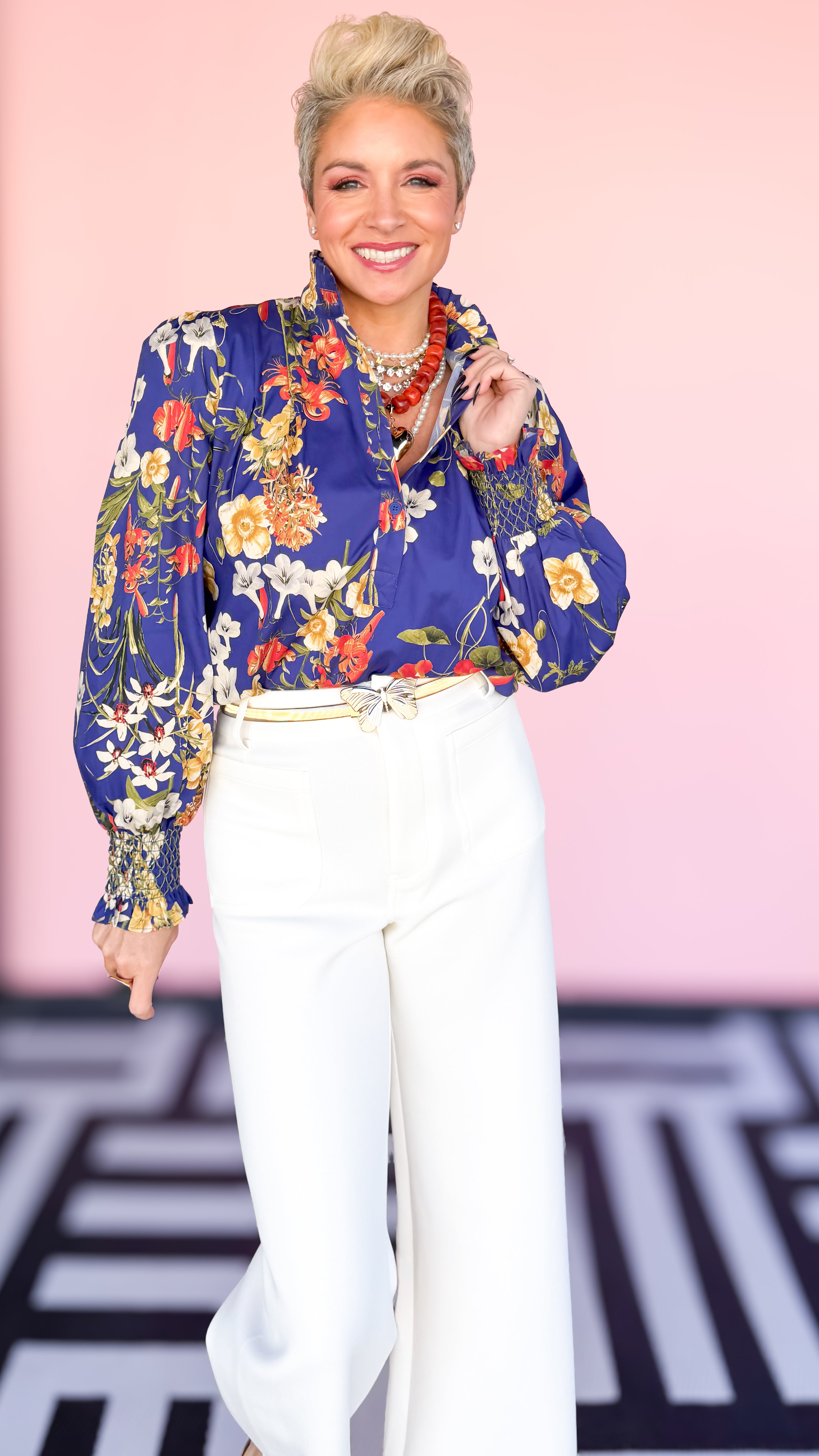 Floral High Ruffle Collar Blouse/Blue