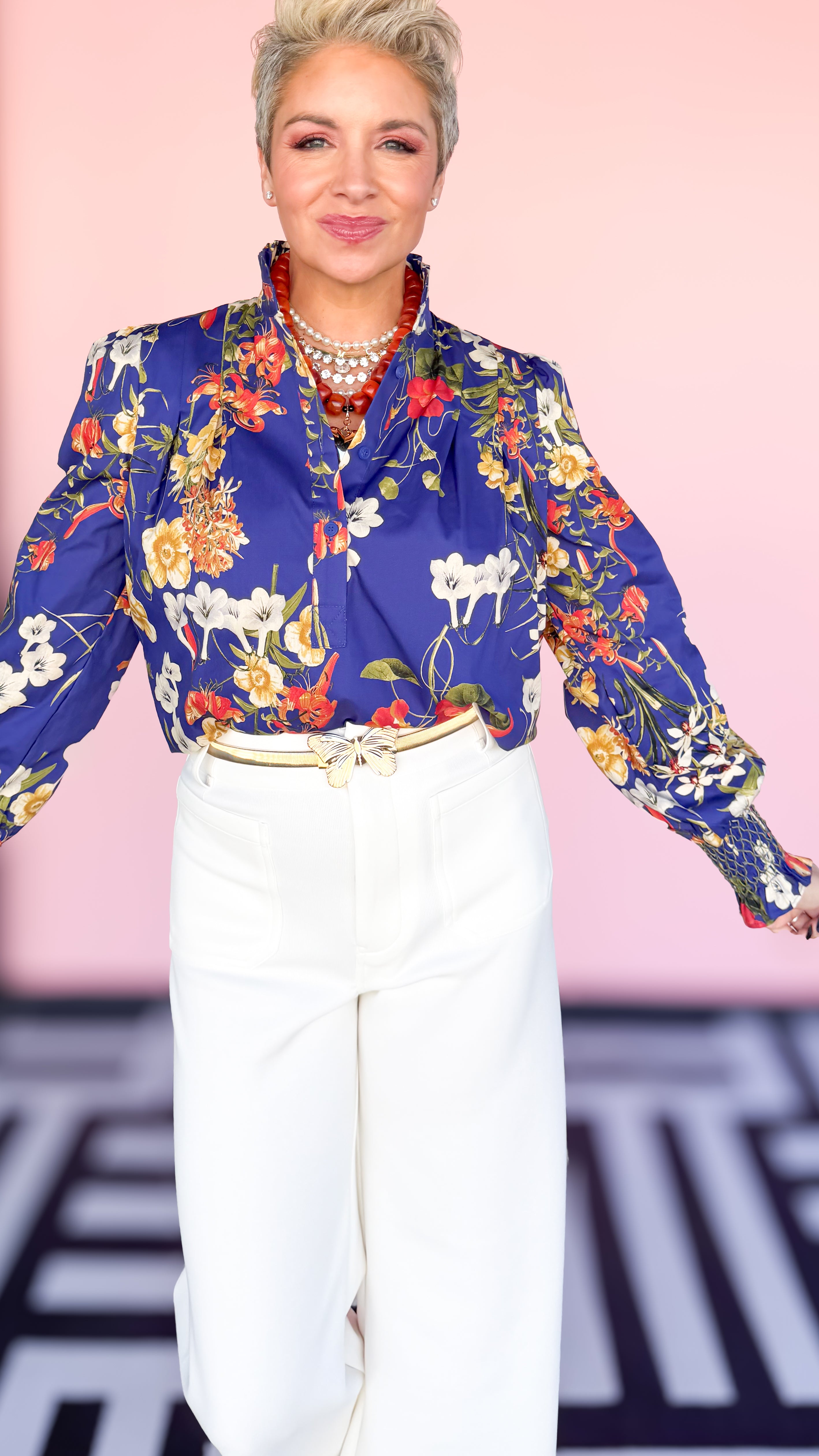 Floral High Ruffle Collar Blouse/Blue - The BLVD
