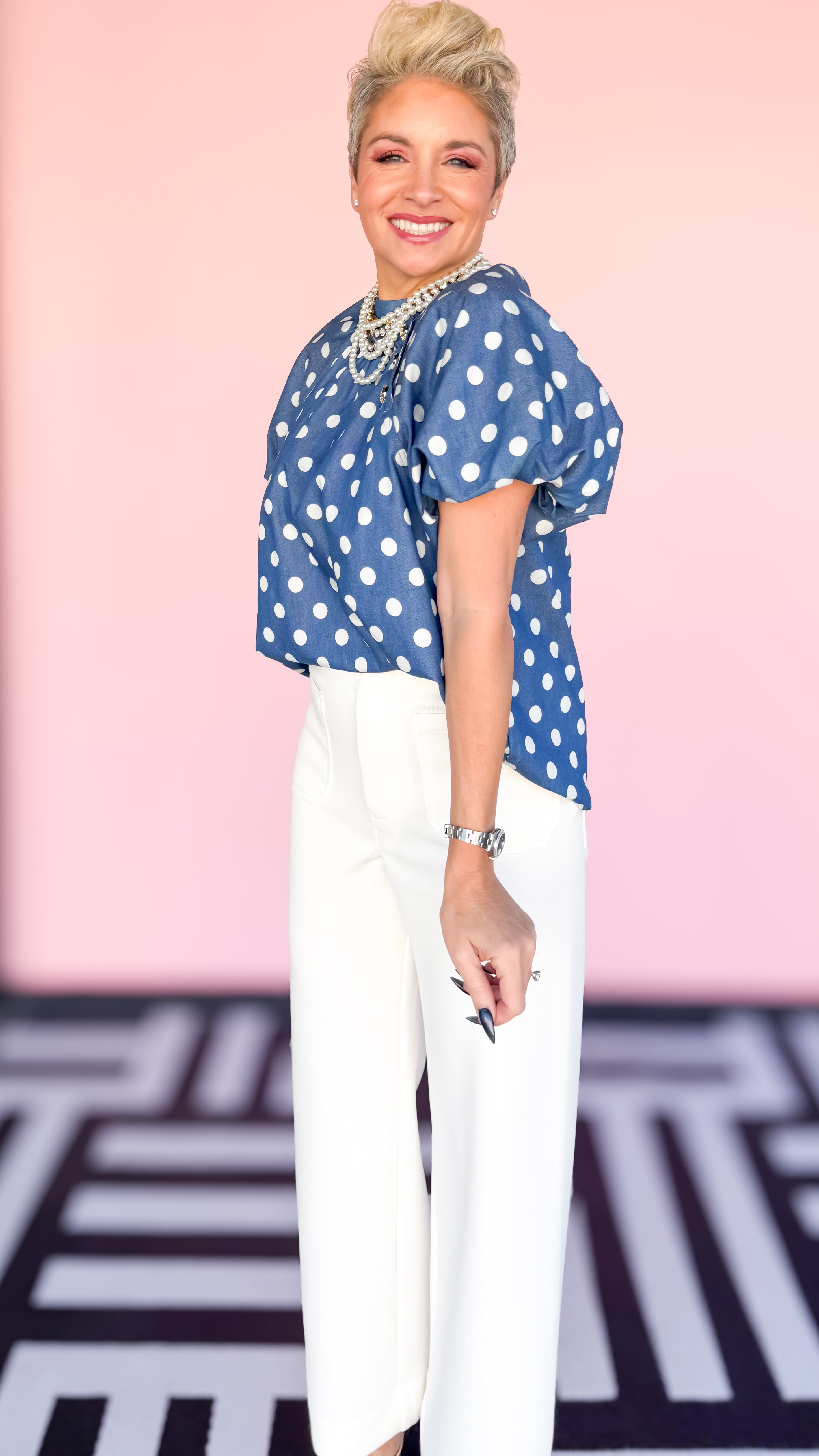 Polka Dot Bubble Sleeve Top/Blue