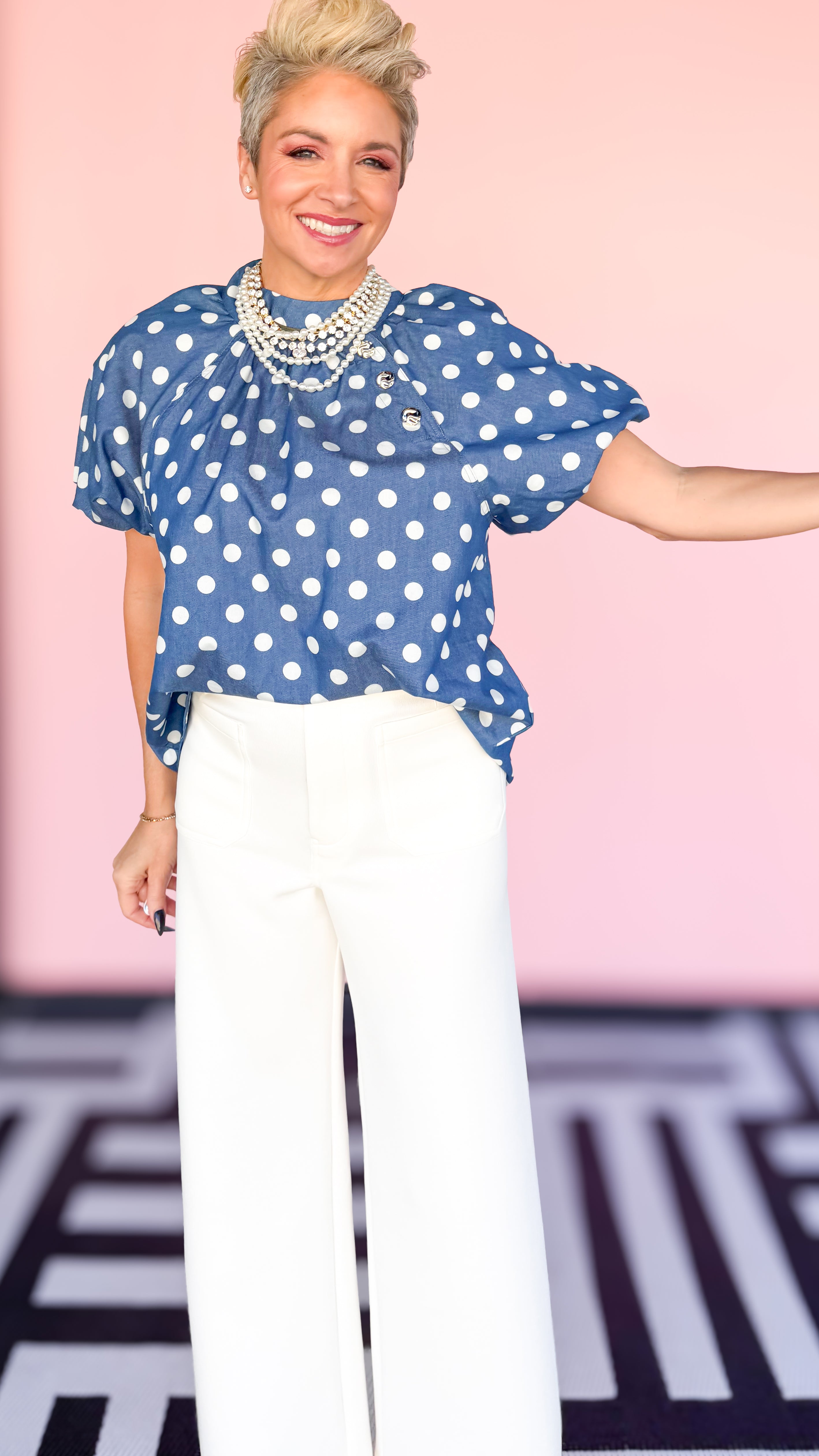 Polka Dot Bubble Sleeve Top/Blue