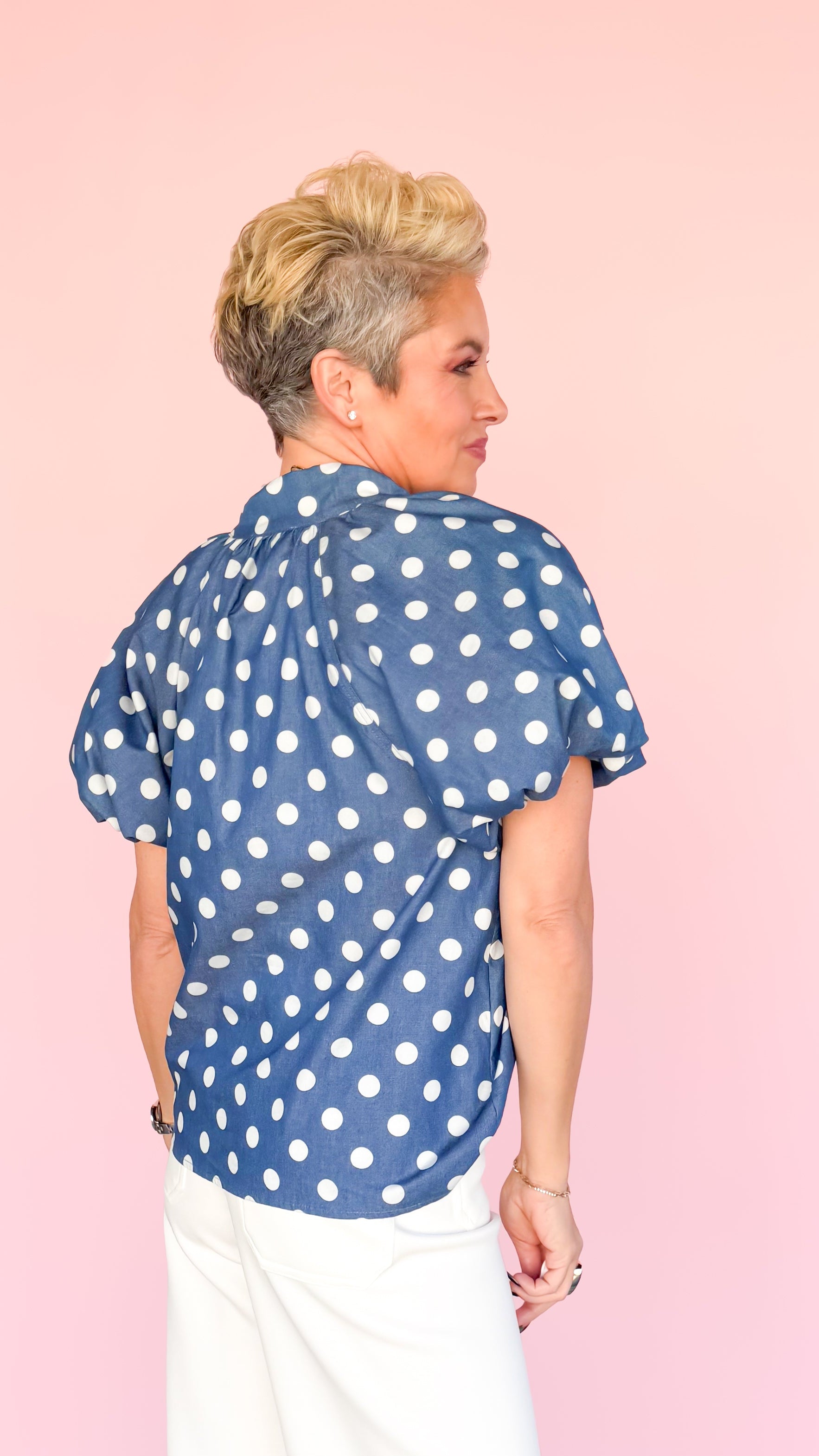 Polka Dot Bubble Sleeve Top/Blue
