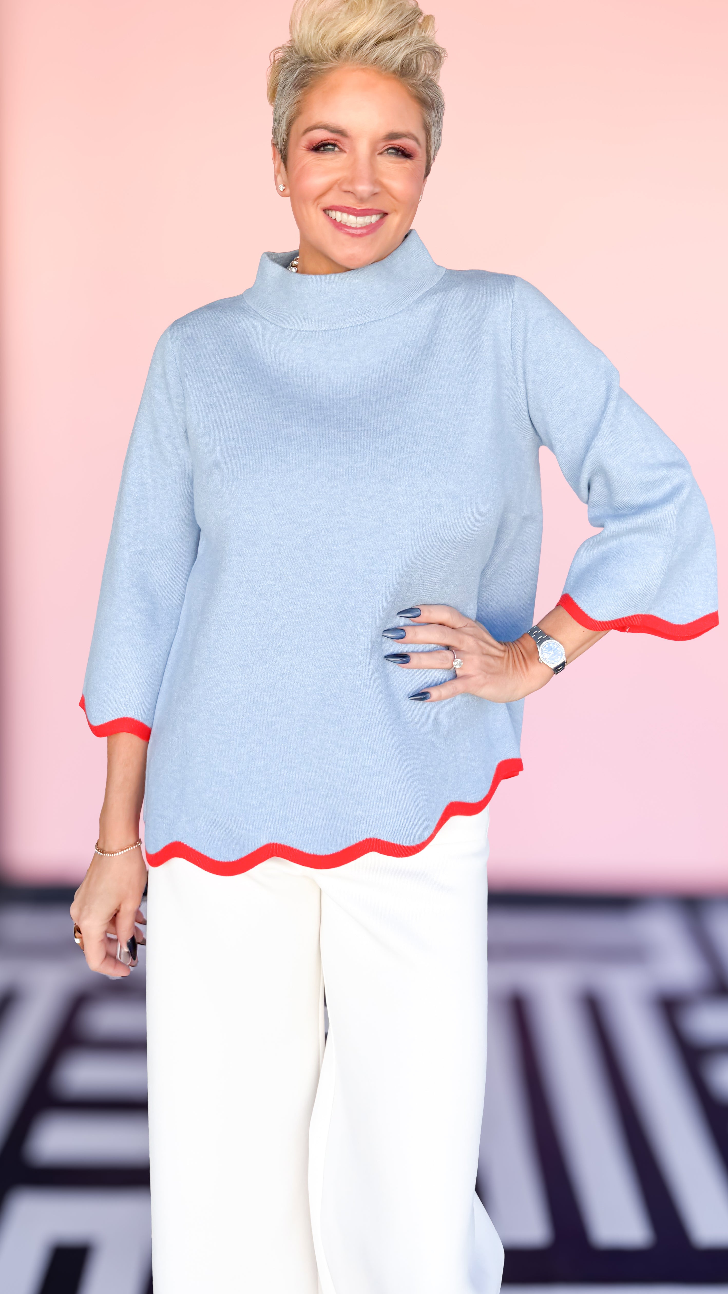 Mock Neck w/Scalloped Edges/Blue