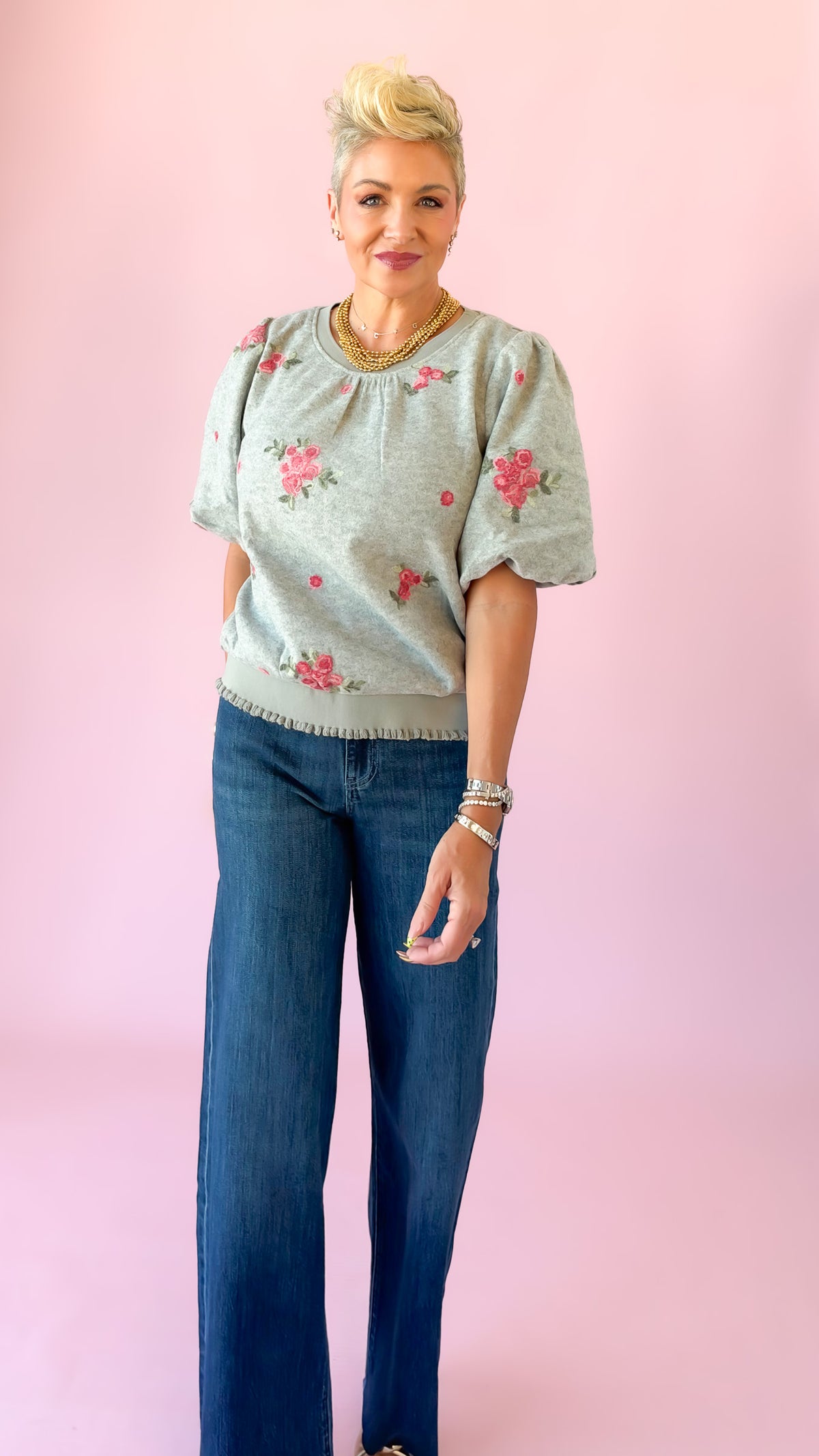 Floral Crewneck Top/Grey
