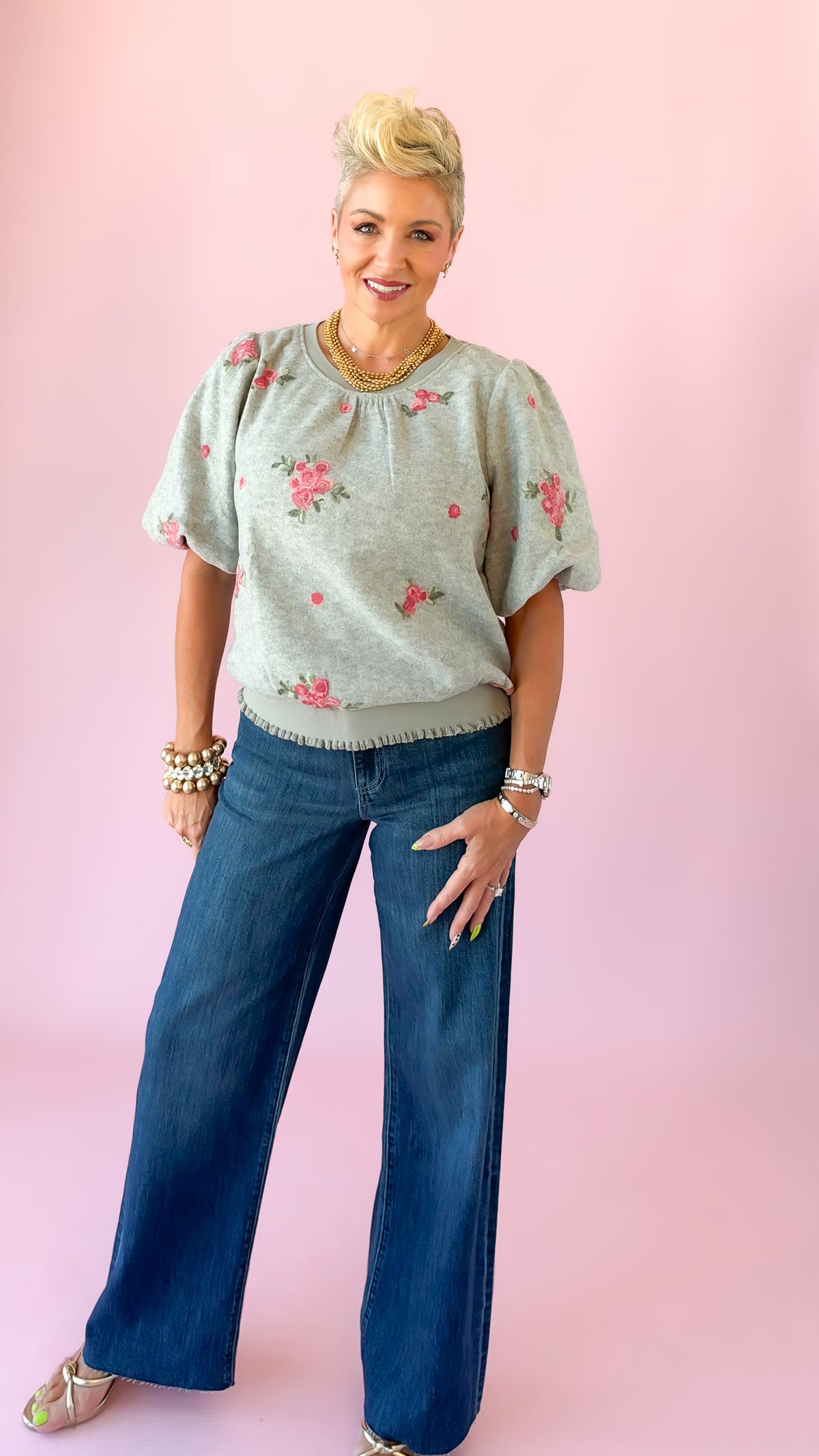 Floral Crewneck Top/Grey