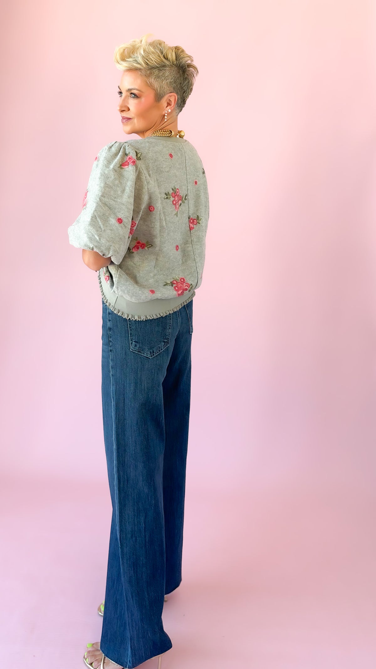 Floral Crewneck Top/Grey