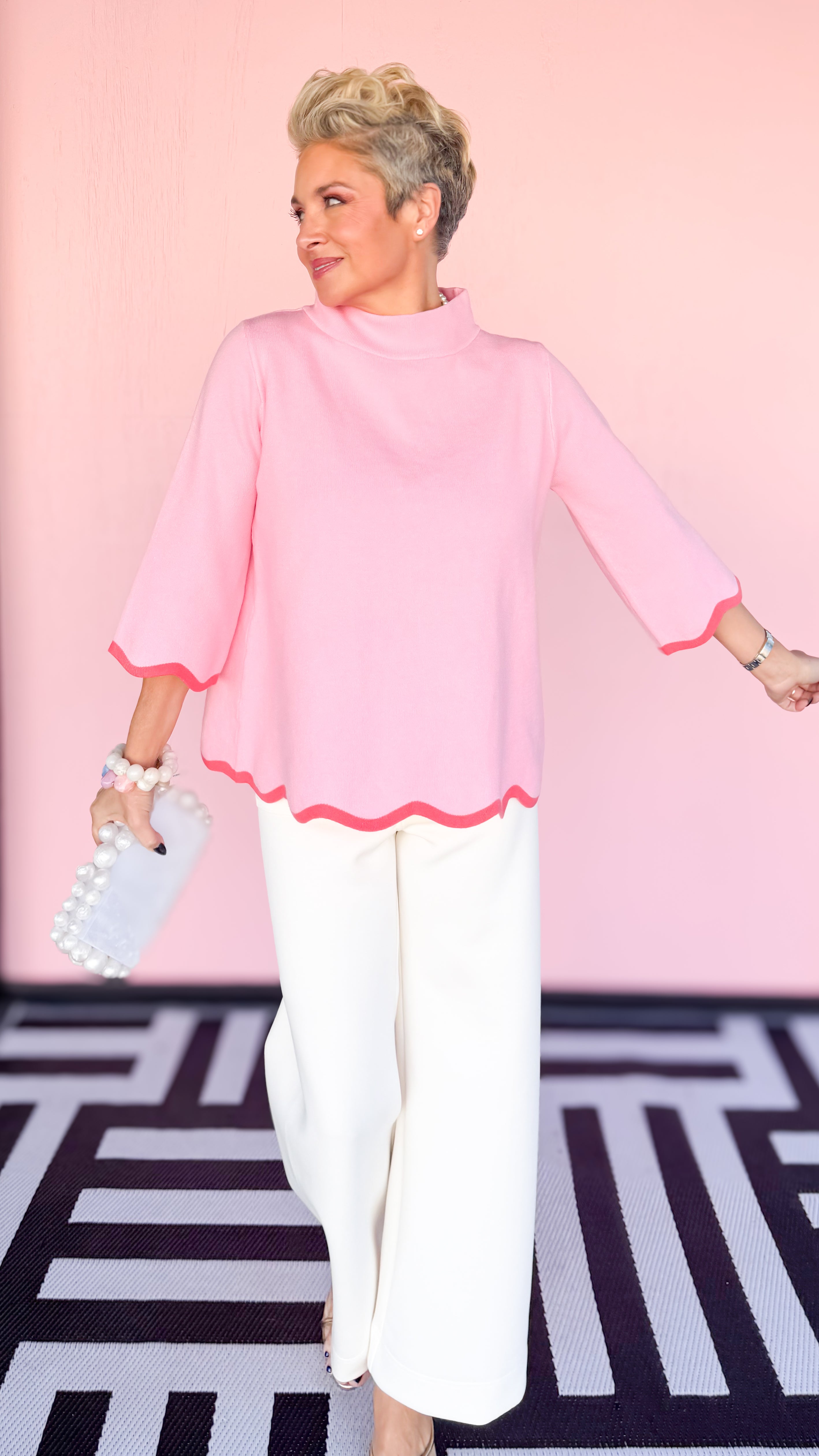 Mock Neck w/Scalloped Edges/Pink - The BLVD