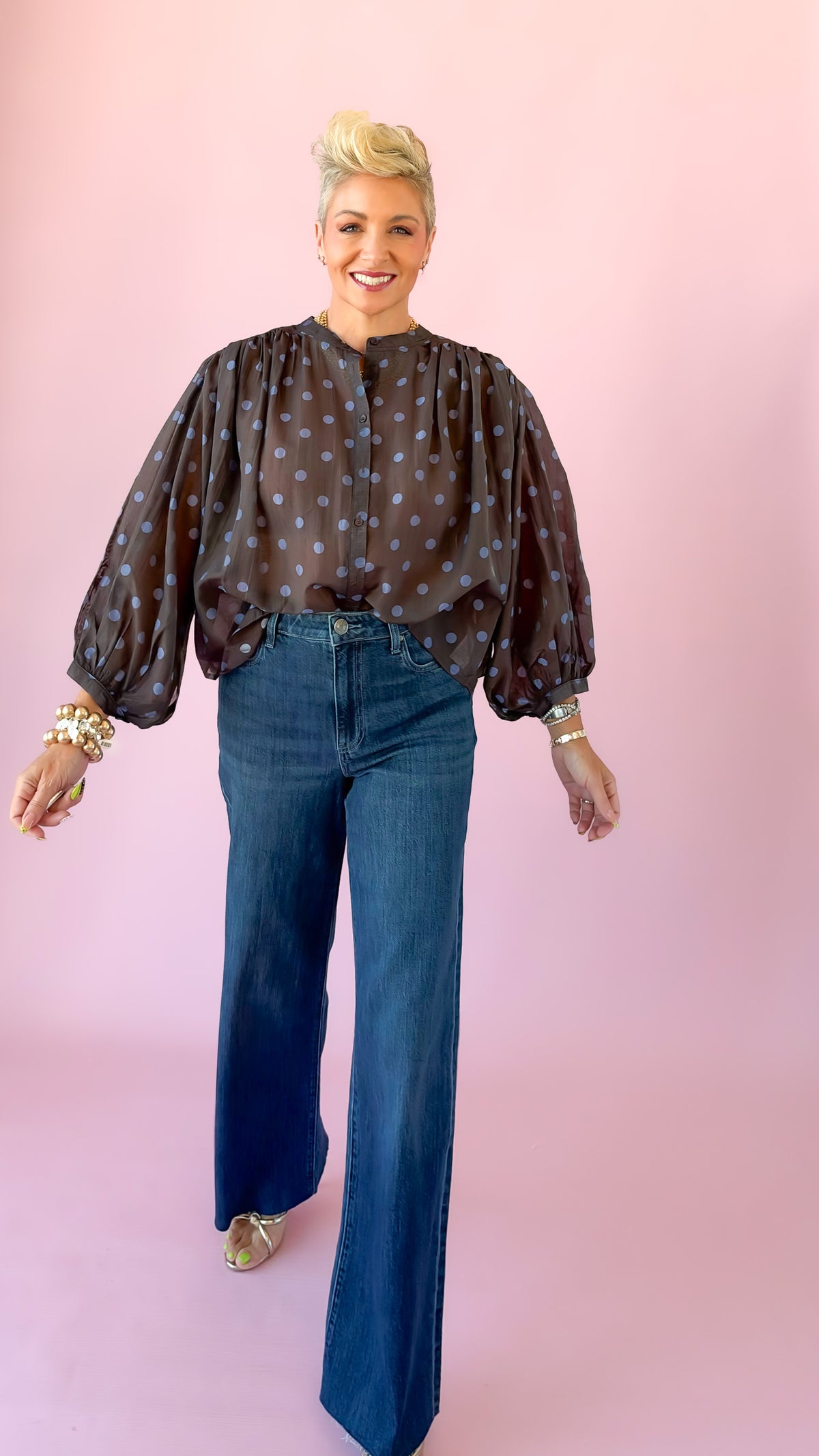 Polka Dot Puff Sleeve Top/Mocha