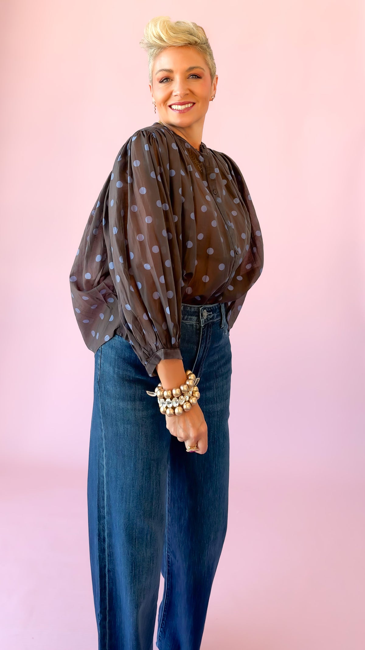 Polka Dot Puff Sleeve Top/Mocha