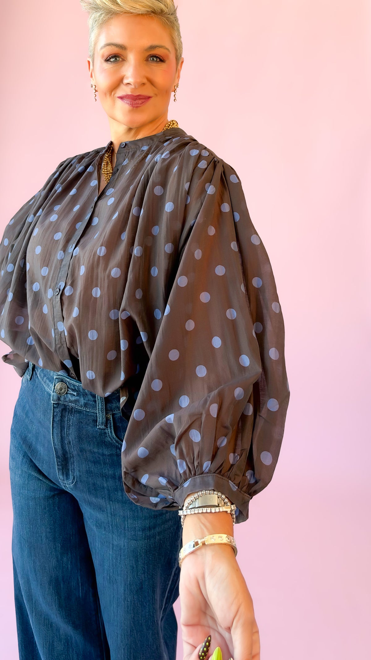 Polka Dot Puff Sleeve Top/Mocha