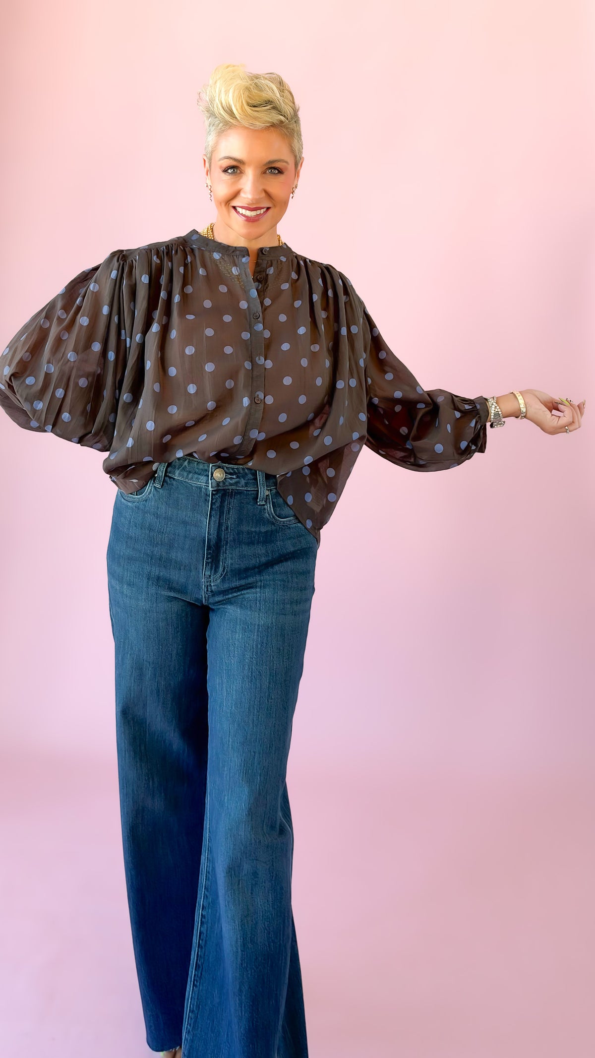 Polka Dot Puff Sleeve Top/Mocha