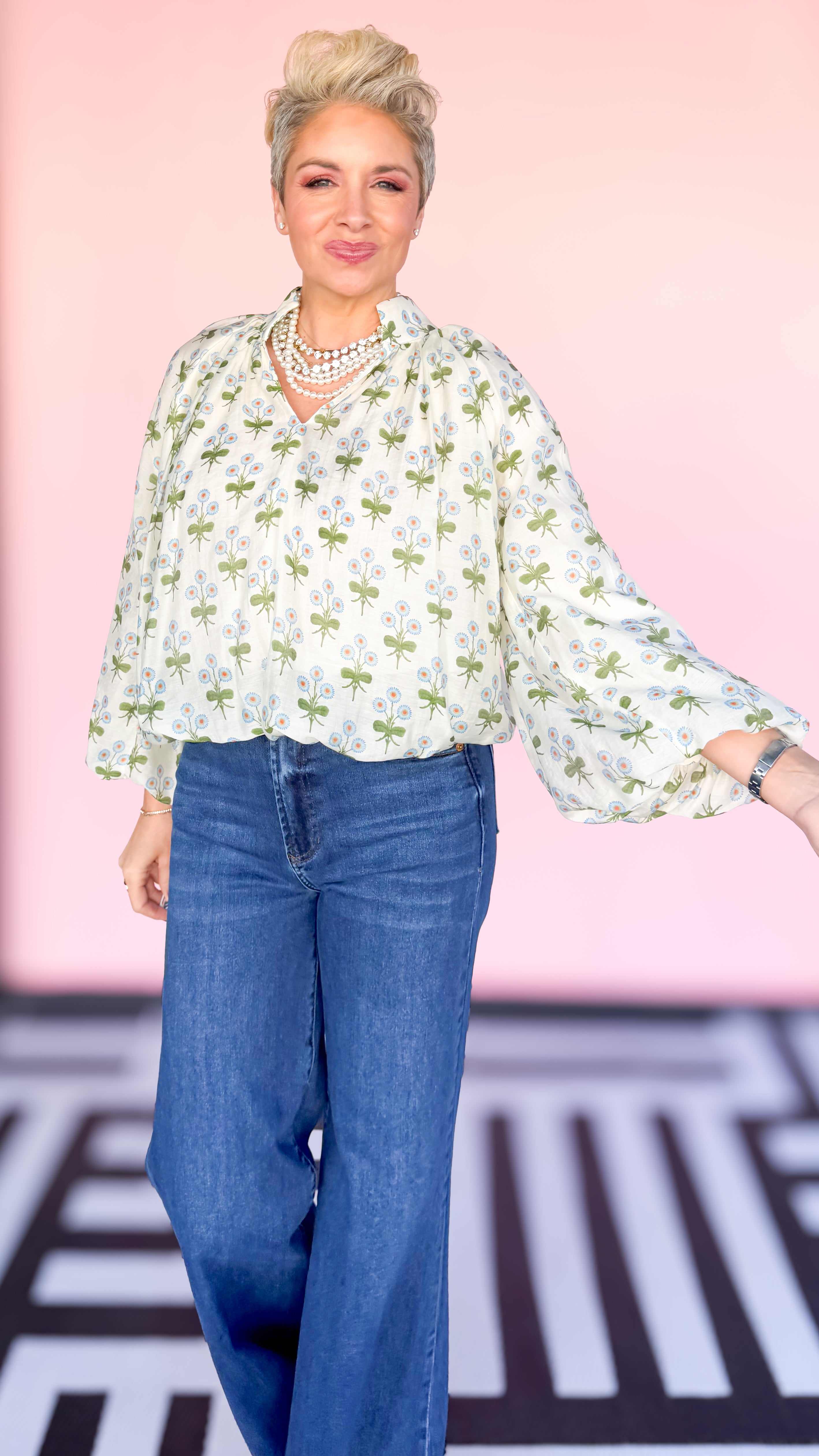 Bubble Hem Floral Top/Cream