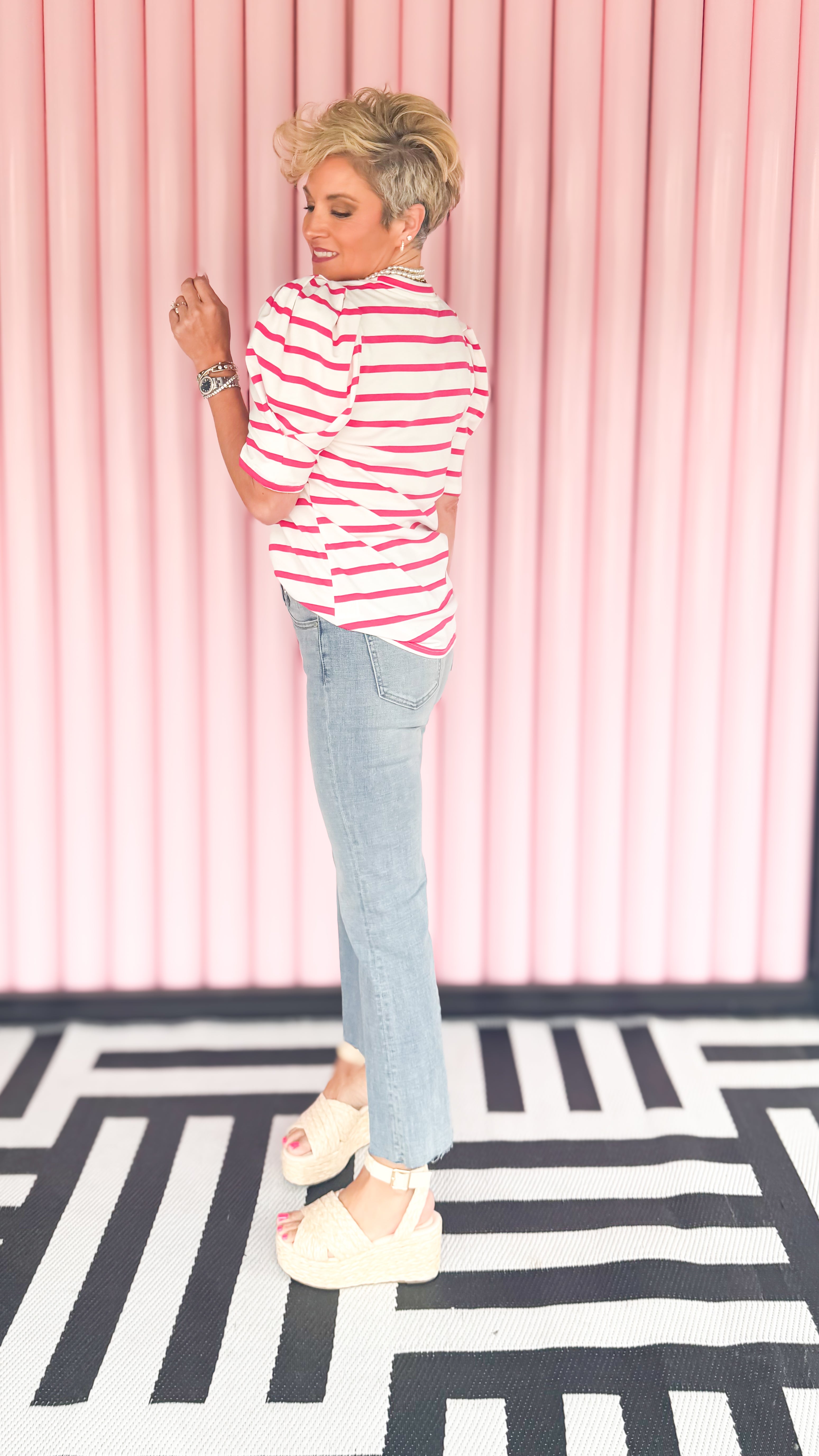 Stripe scoop neck puff sleeve top worn on model - side view - BLVD Boutik