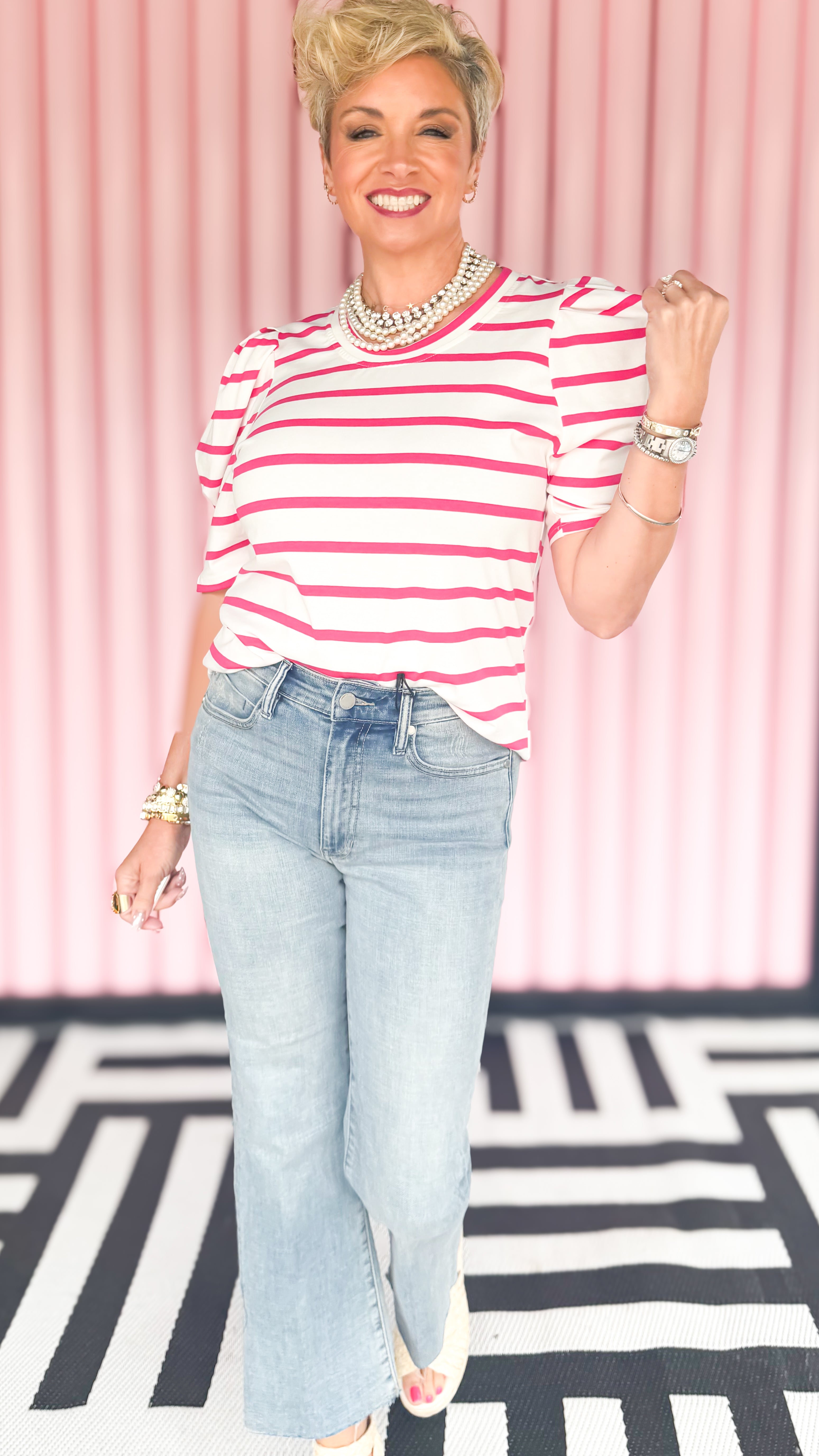Stripe scoop neck puff sleeve top worn on model - detail view - BLVD Boutik