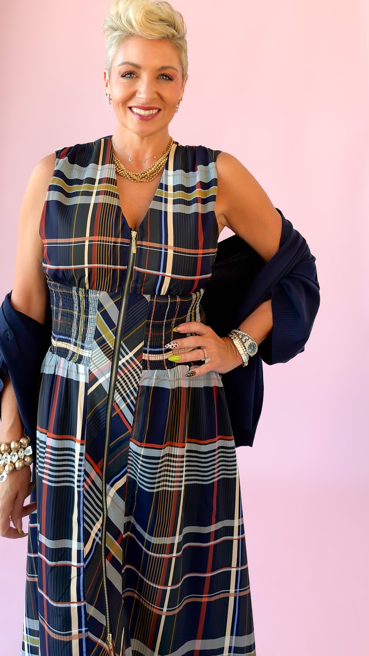 Plaid Sleeveless Midi Dress/Navy