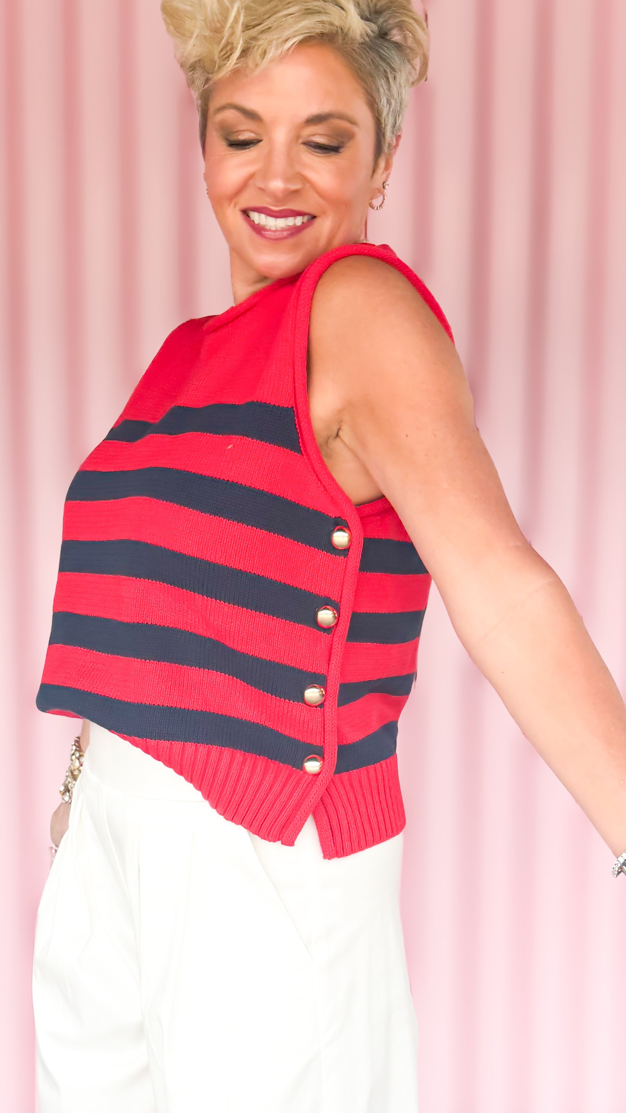 Side button sleeveless sweater worn on model - detail view - BLVD Boutik