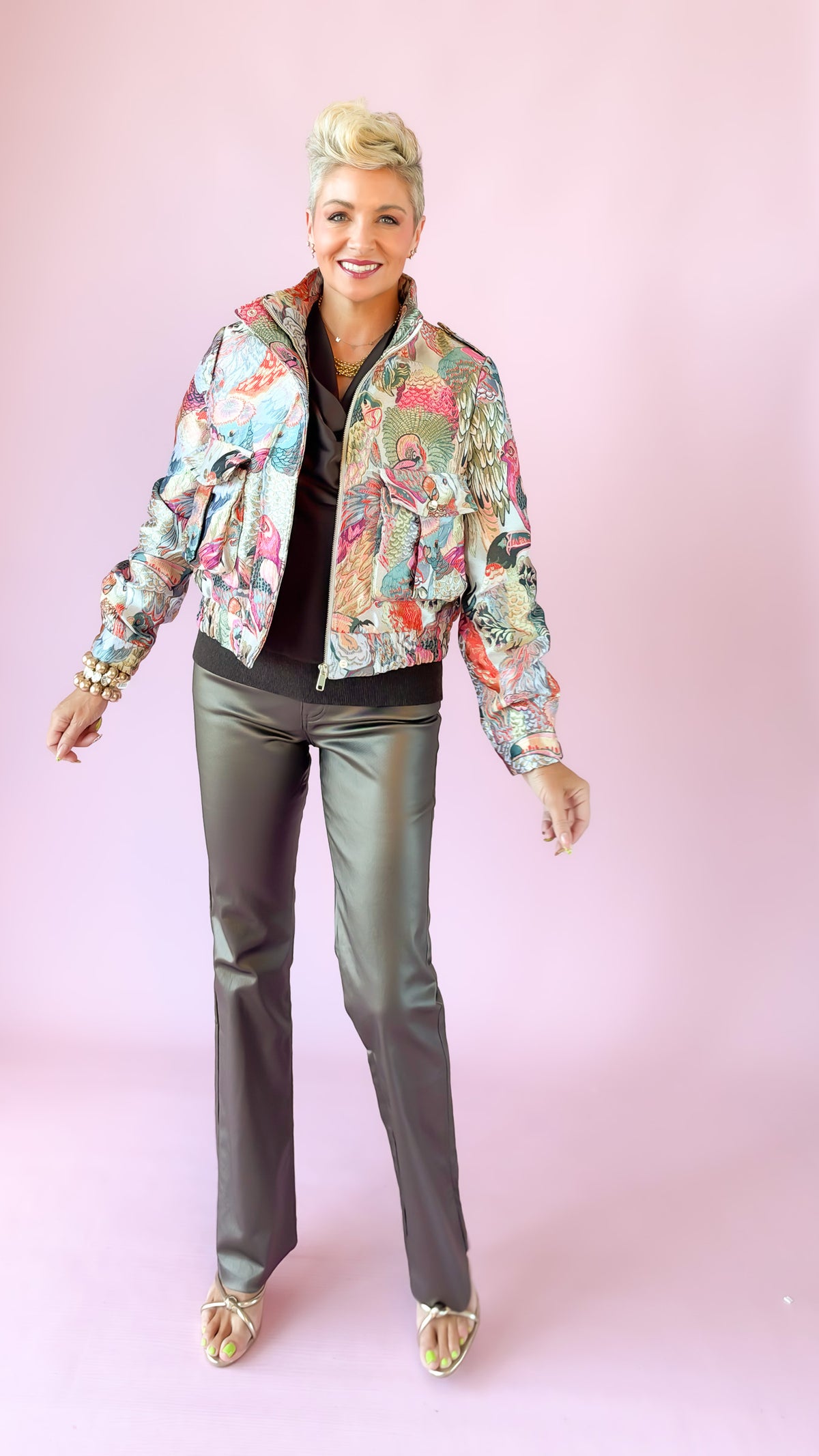 Pink Tropical Brocade Bomber Jacket