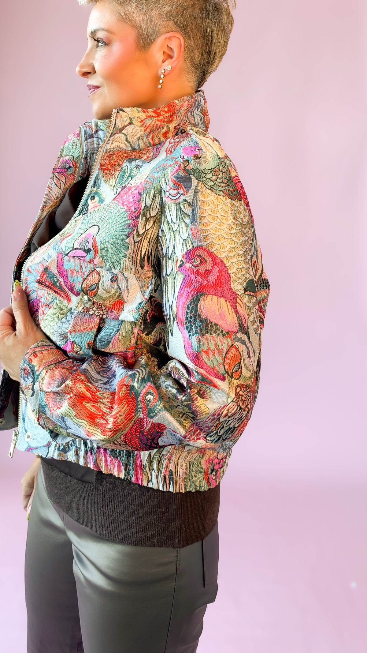 Pink Tropical Brocade Bomber Jacket