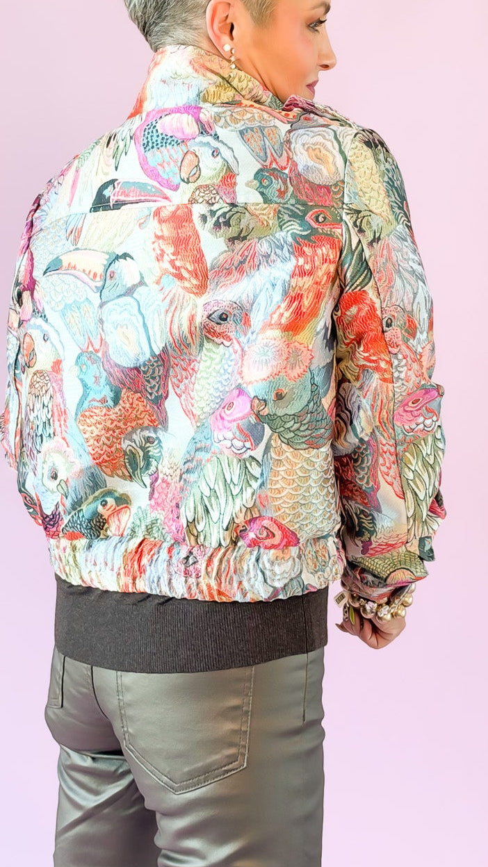 Pink Tropical Brocade Bomber Jacket