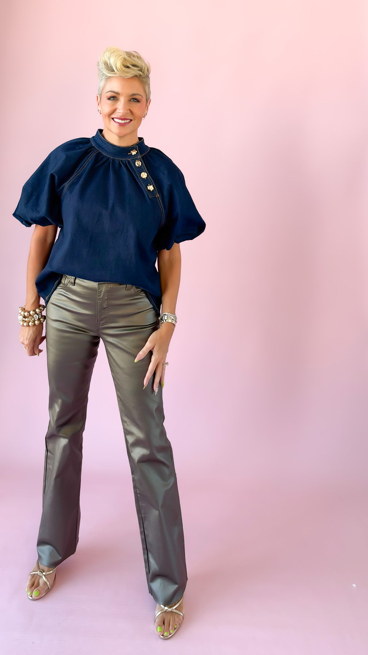 Puff Sleeve Gold Detail Top/Denim