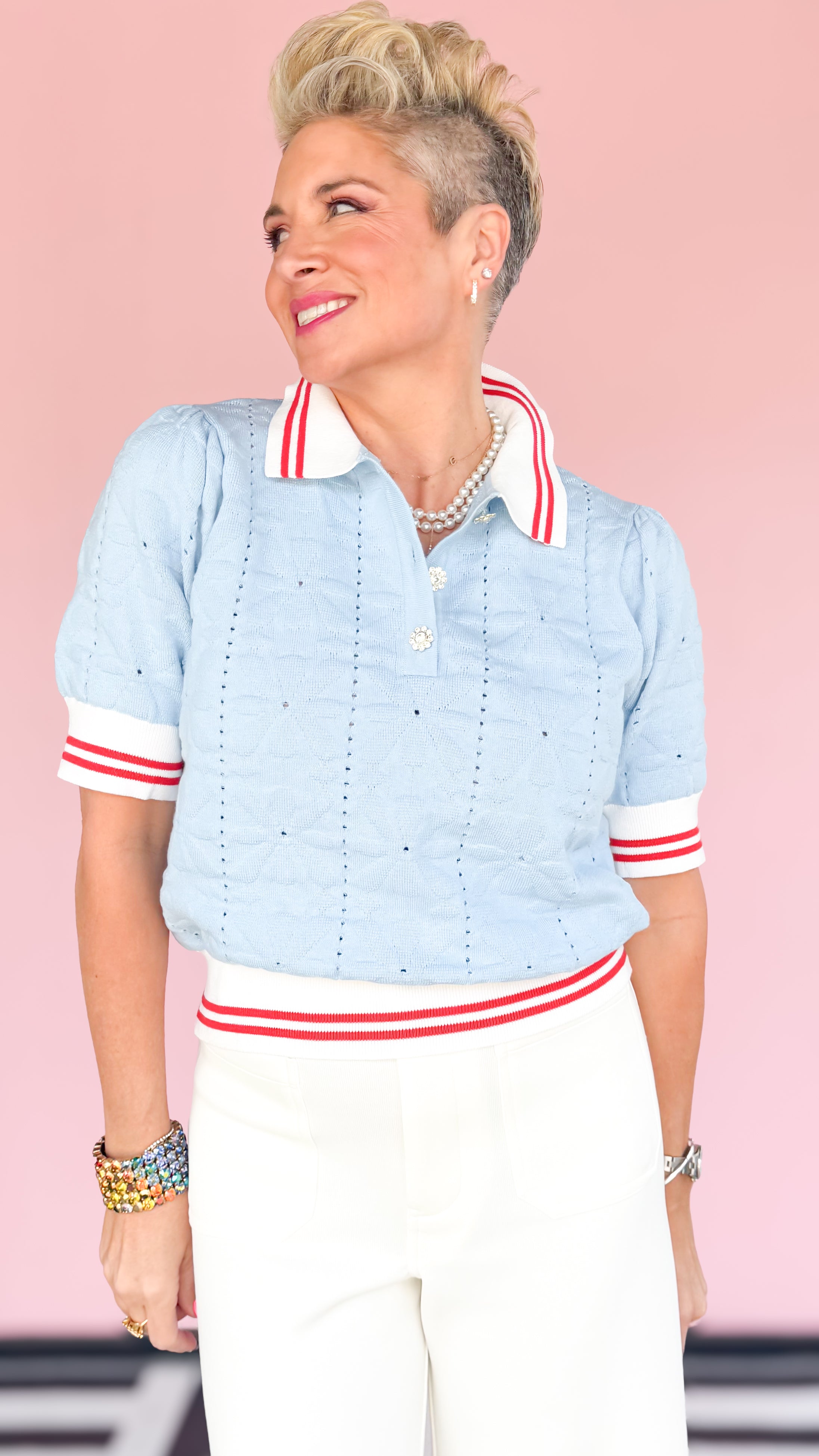 Suzy Rhinestone Button Knit Top/Blue