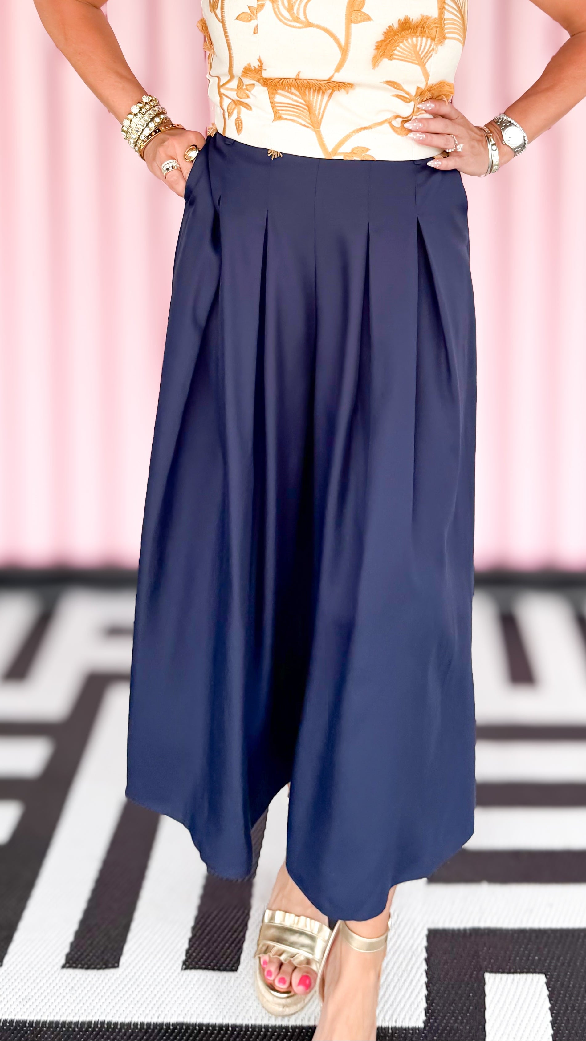 Wide Leg Linen Blend Pants/Navy