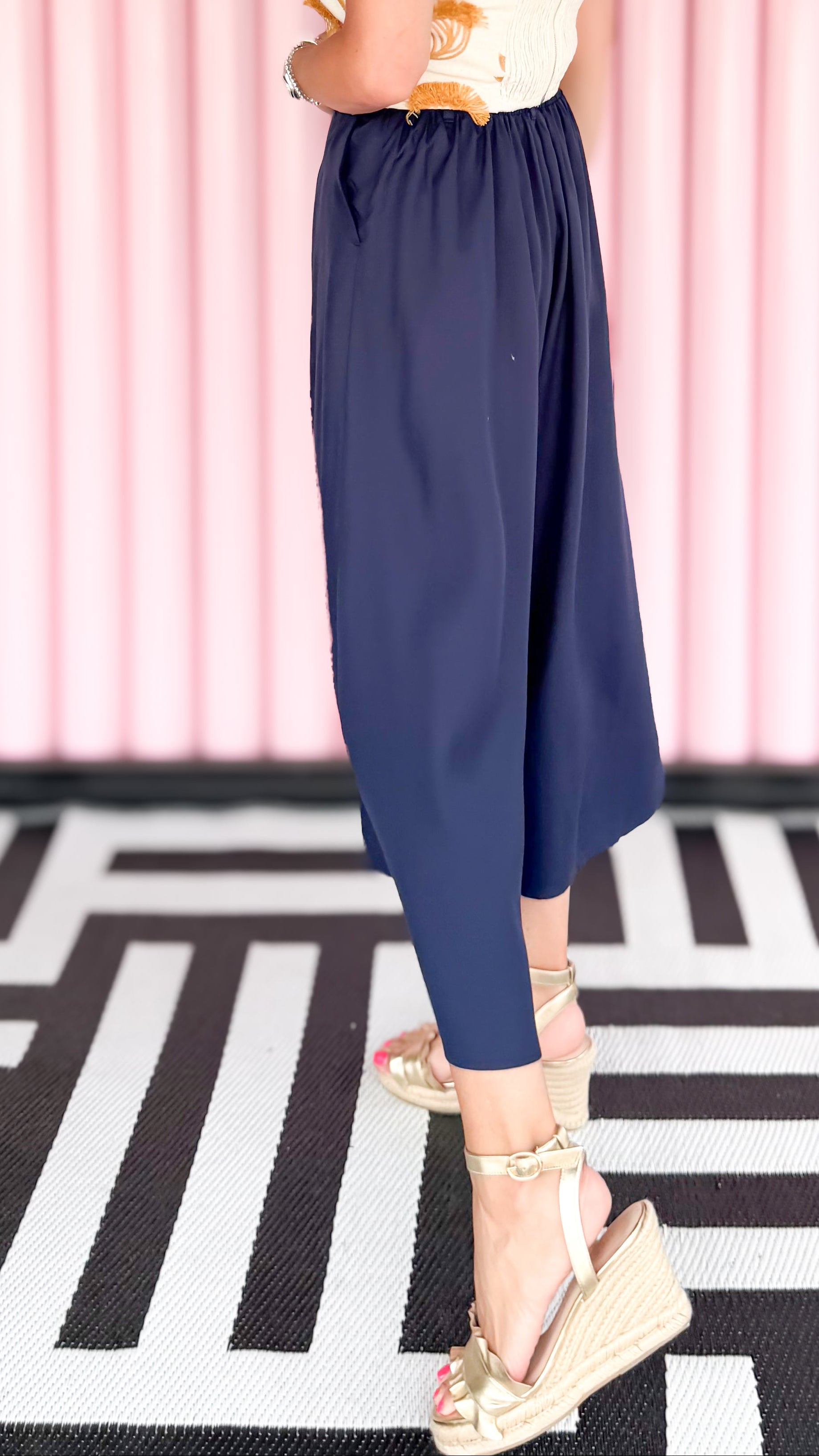 Wide Leg Linen Blend Pants/Navy