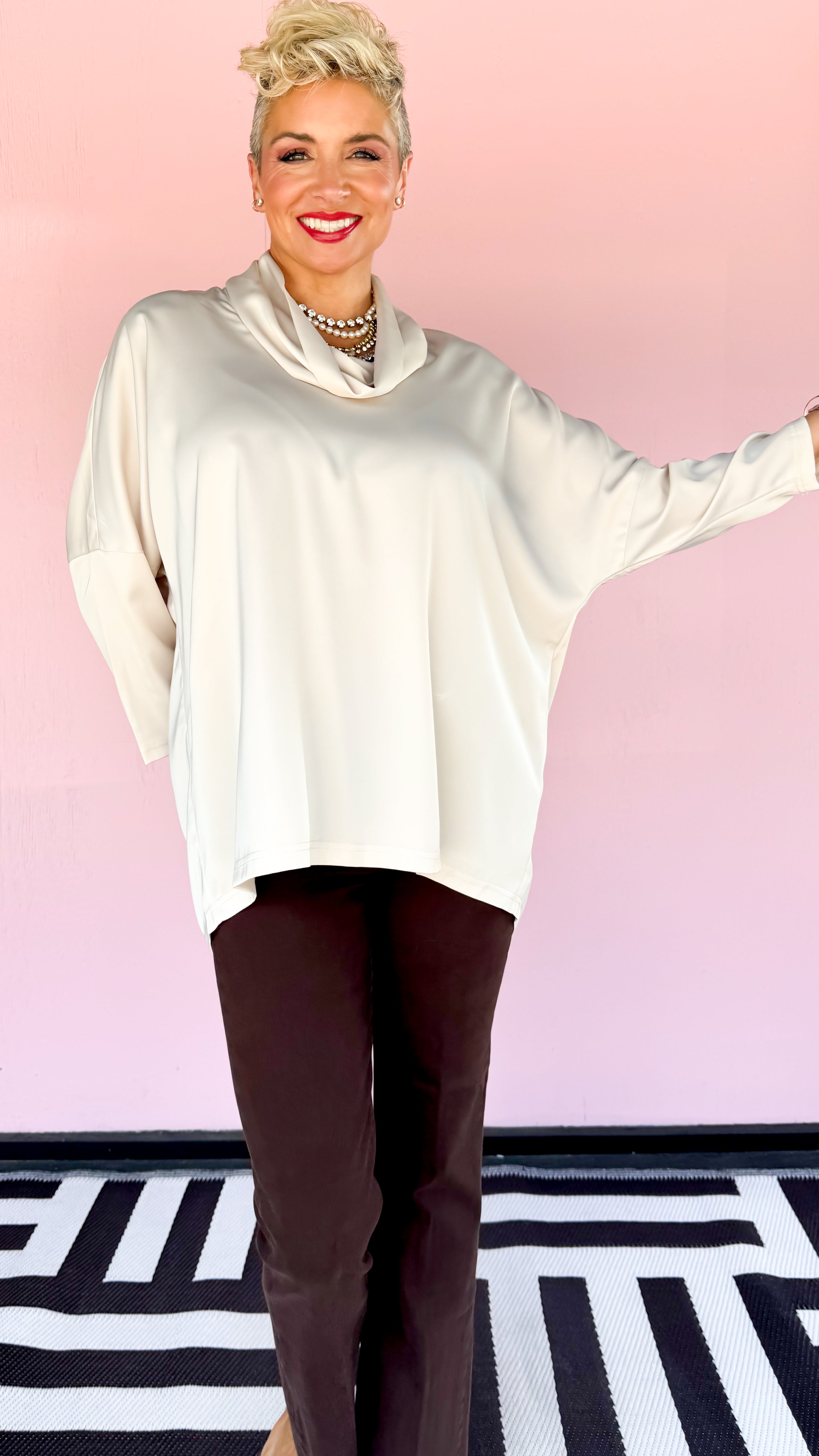 Cowl Neck Satin Top/Cream - The BLVD