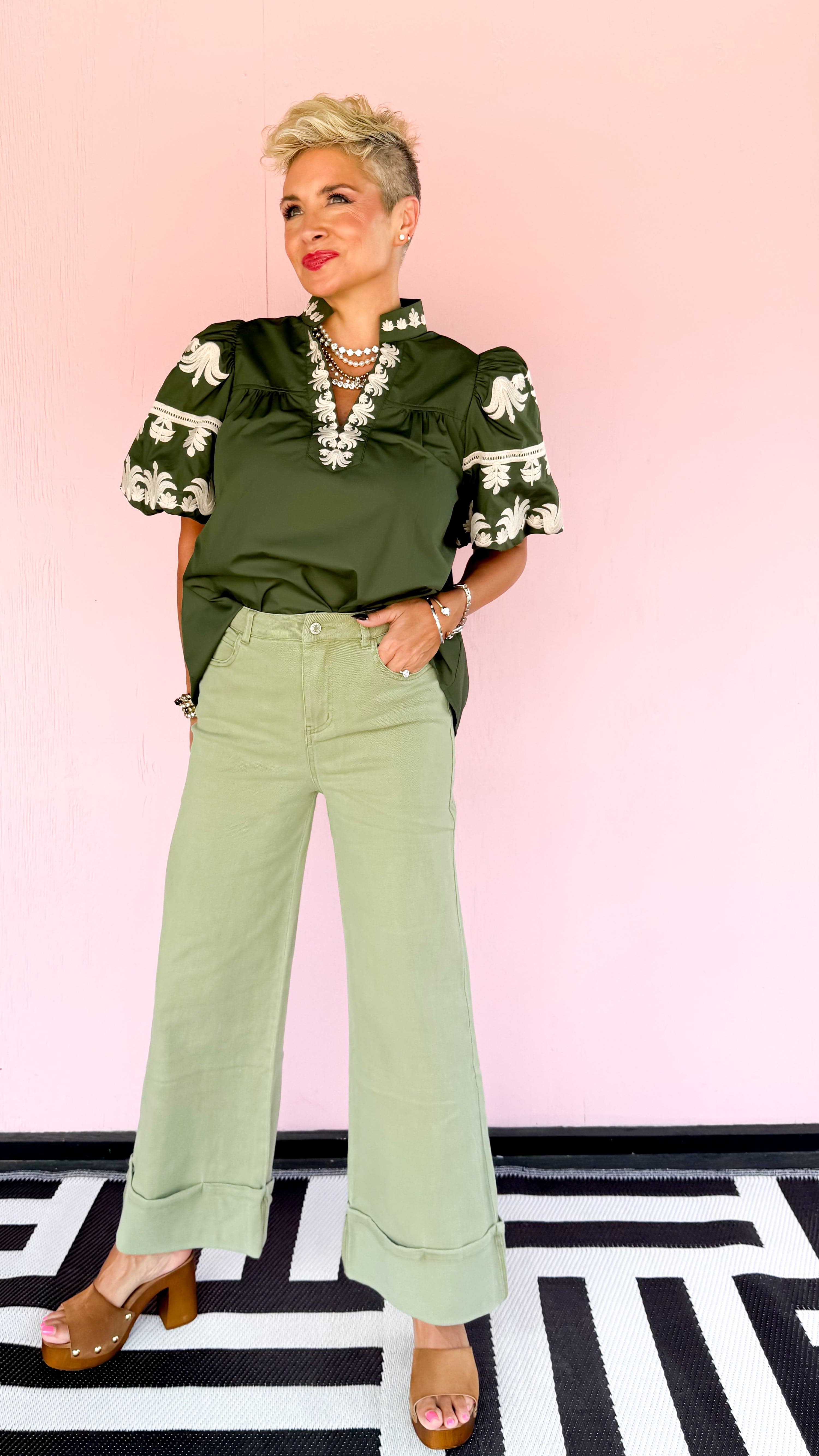 Wide Leg Cuffed Jean/Olive - The BLVD