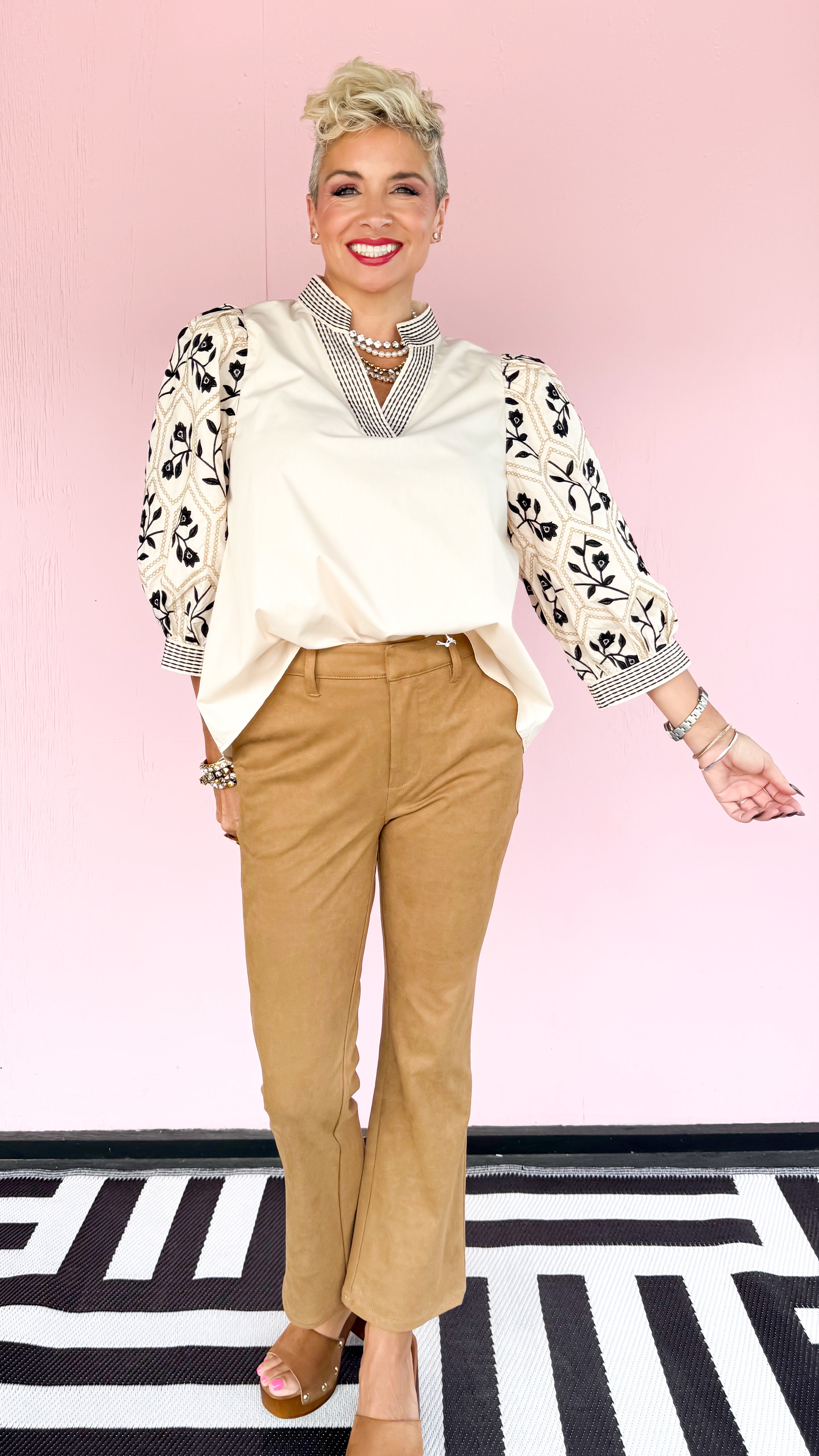 3/4 Embroidered Sleeve Top/Ecru - The BLVD