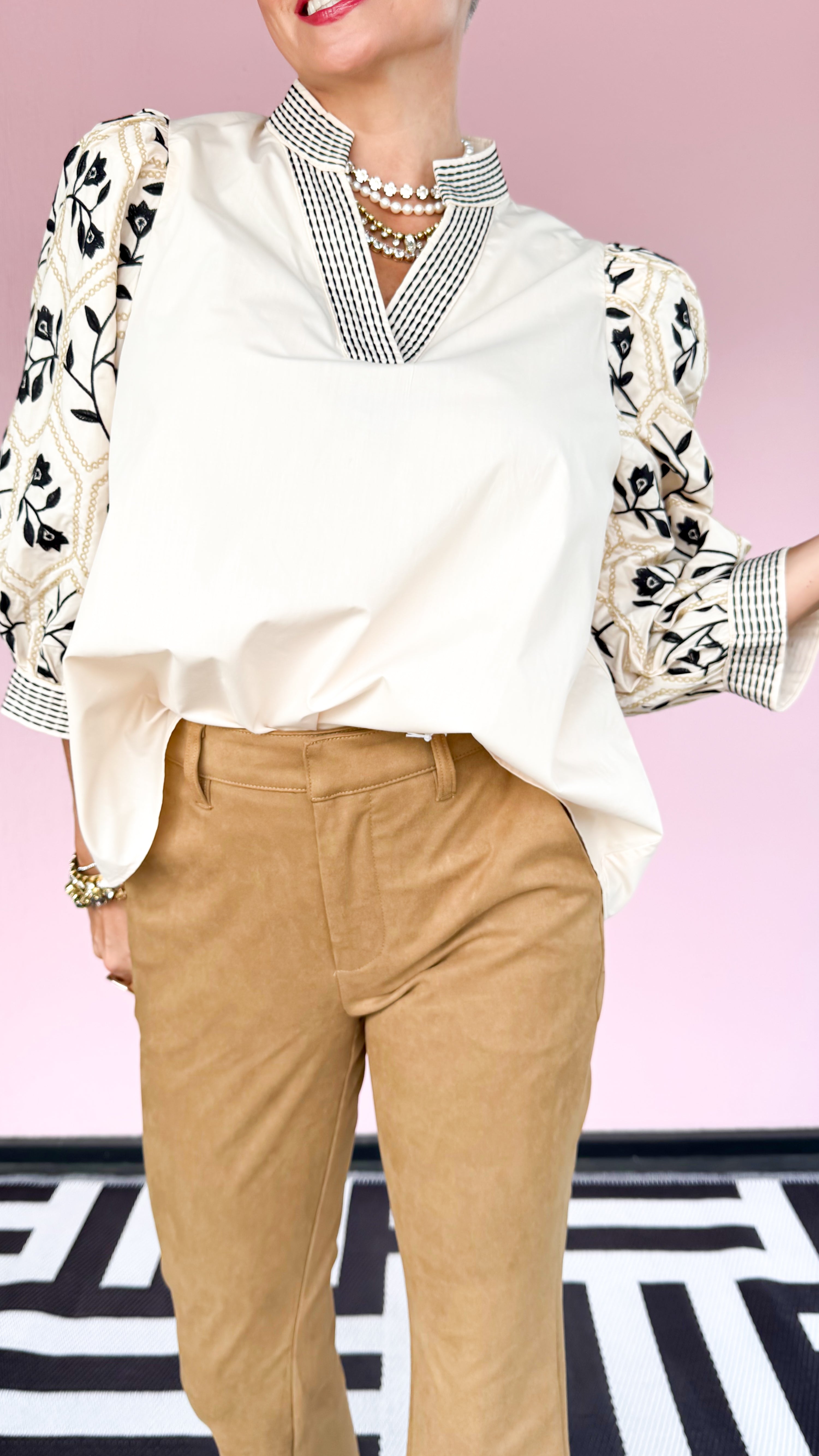 3/4 Embroidered Sleeve Top/Ecru - The BLVD