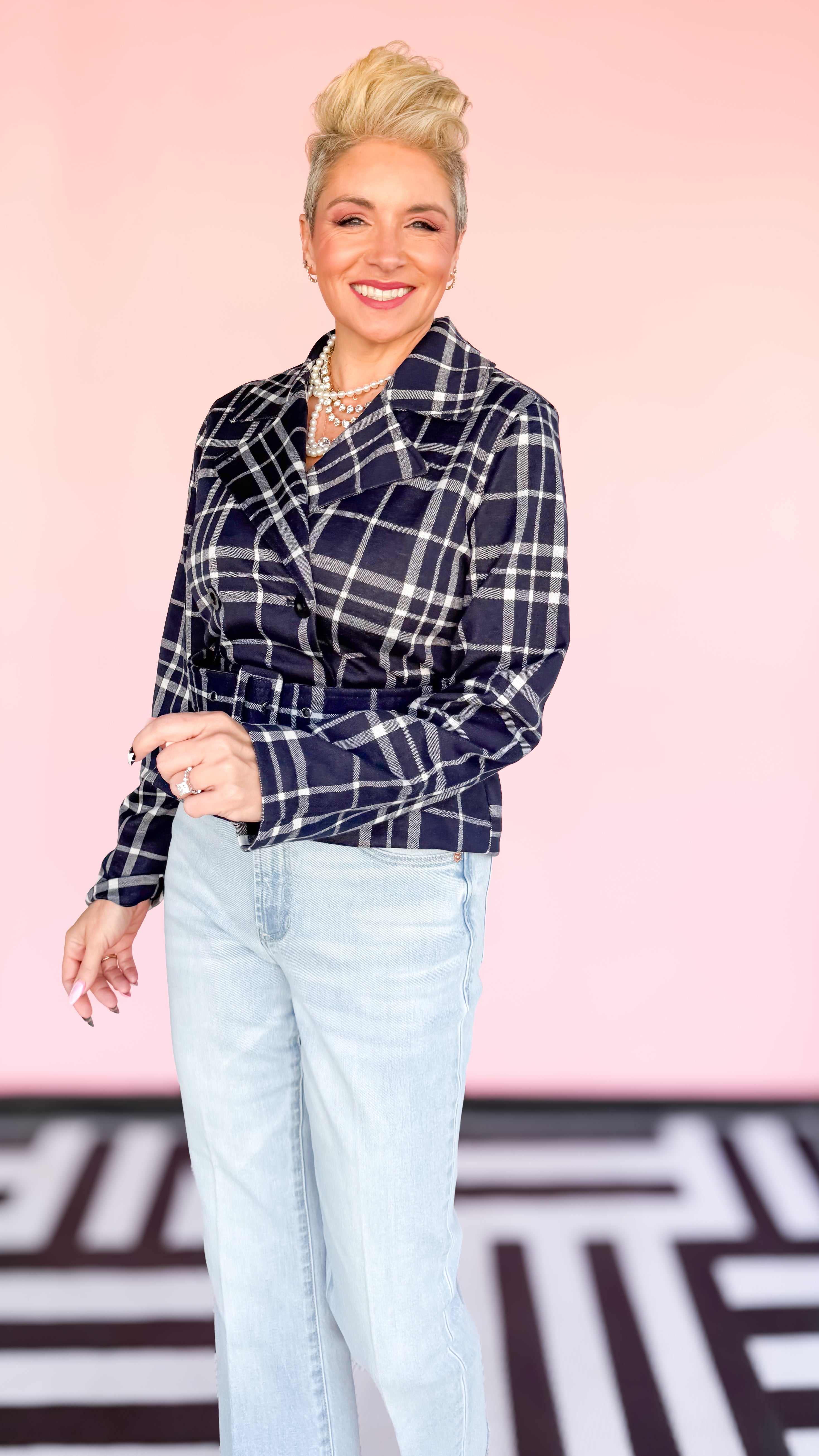 Cropped Plaid Trench Coat/Navy