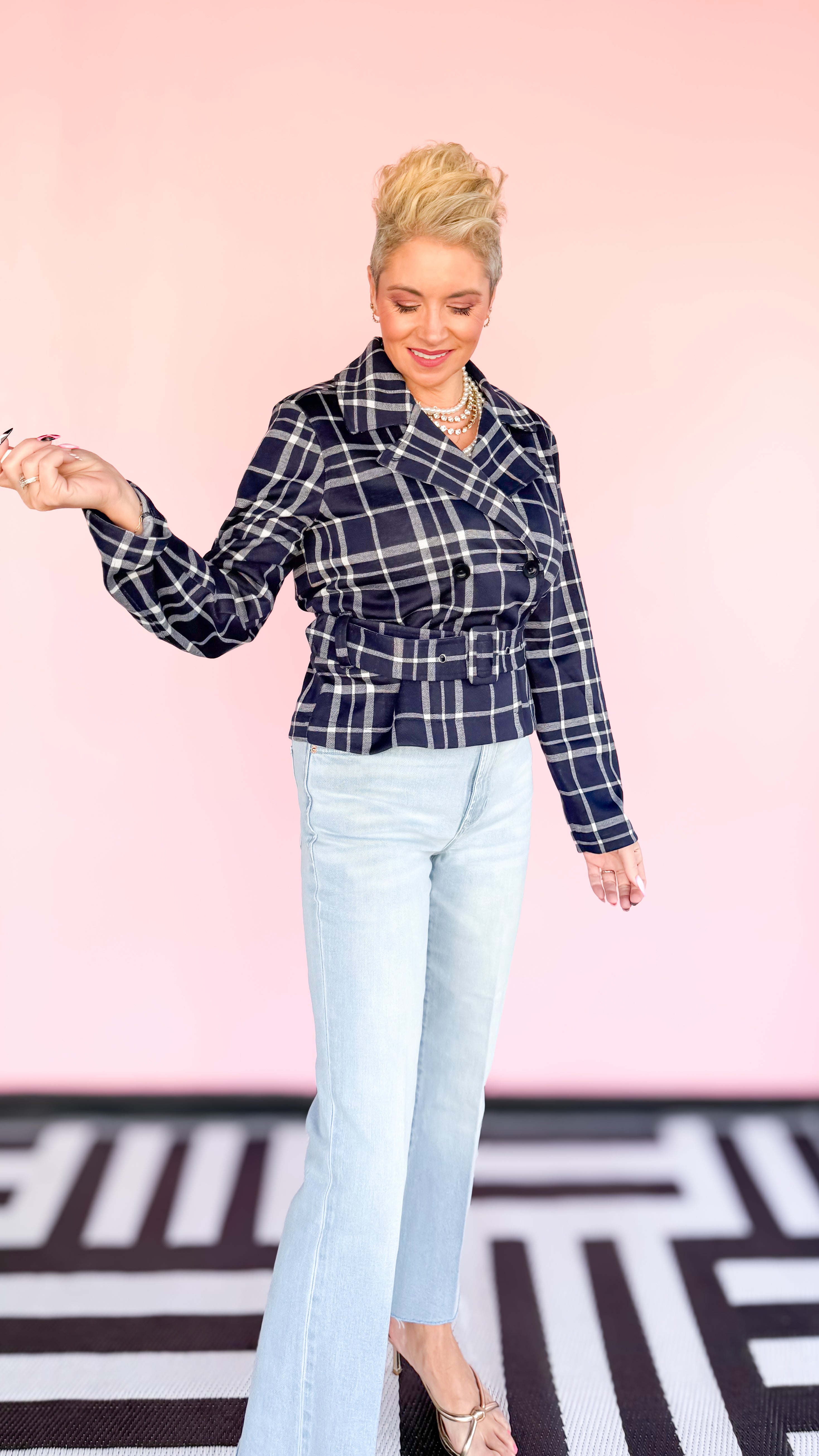 Cropped Plaid Trench Coat/Navy