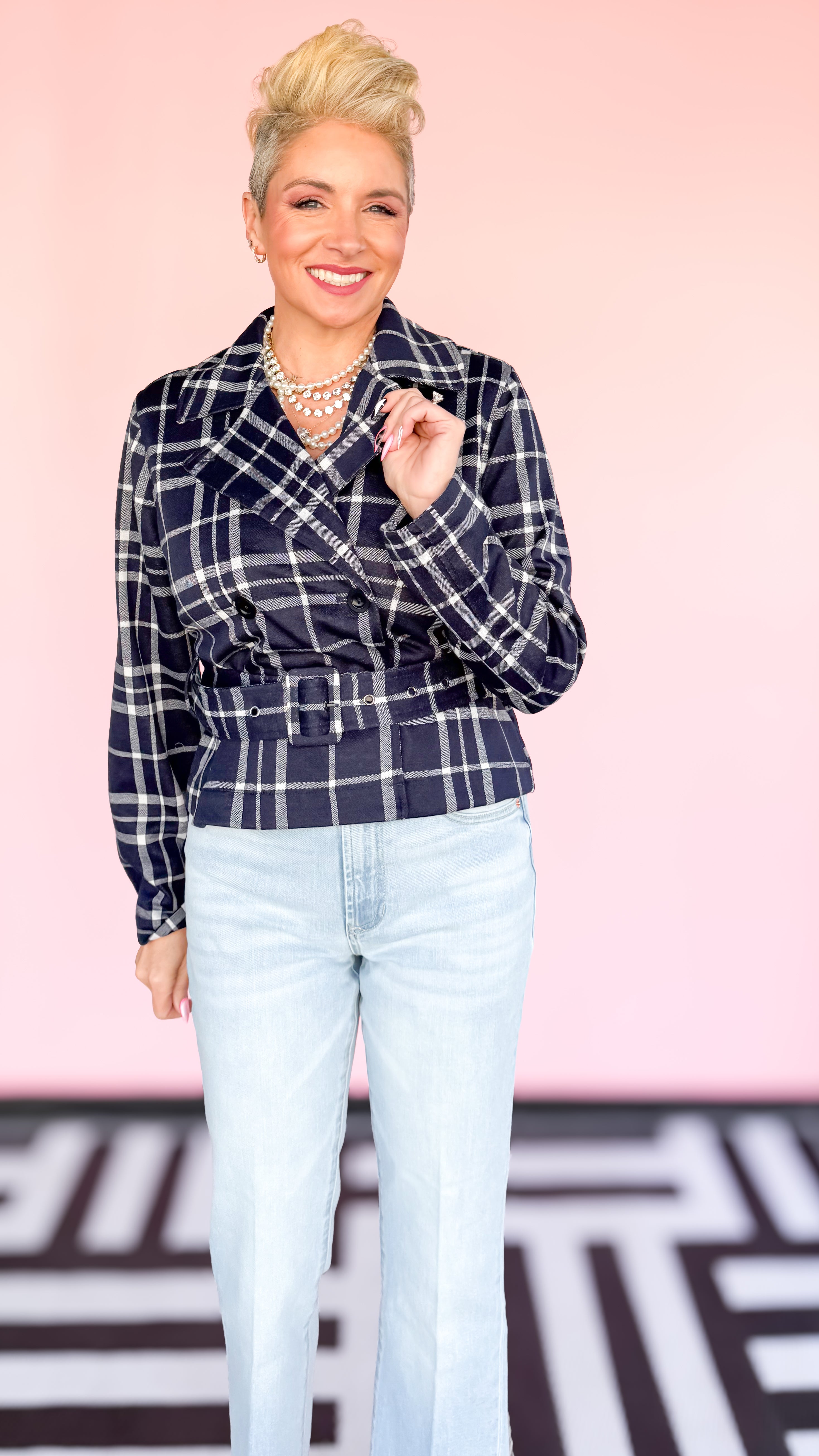 Cropped Plaid Trench Coat/Navy