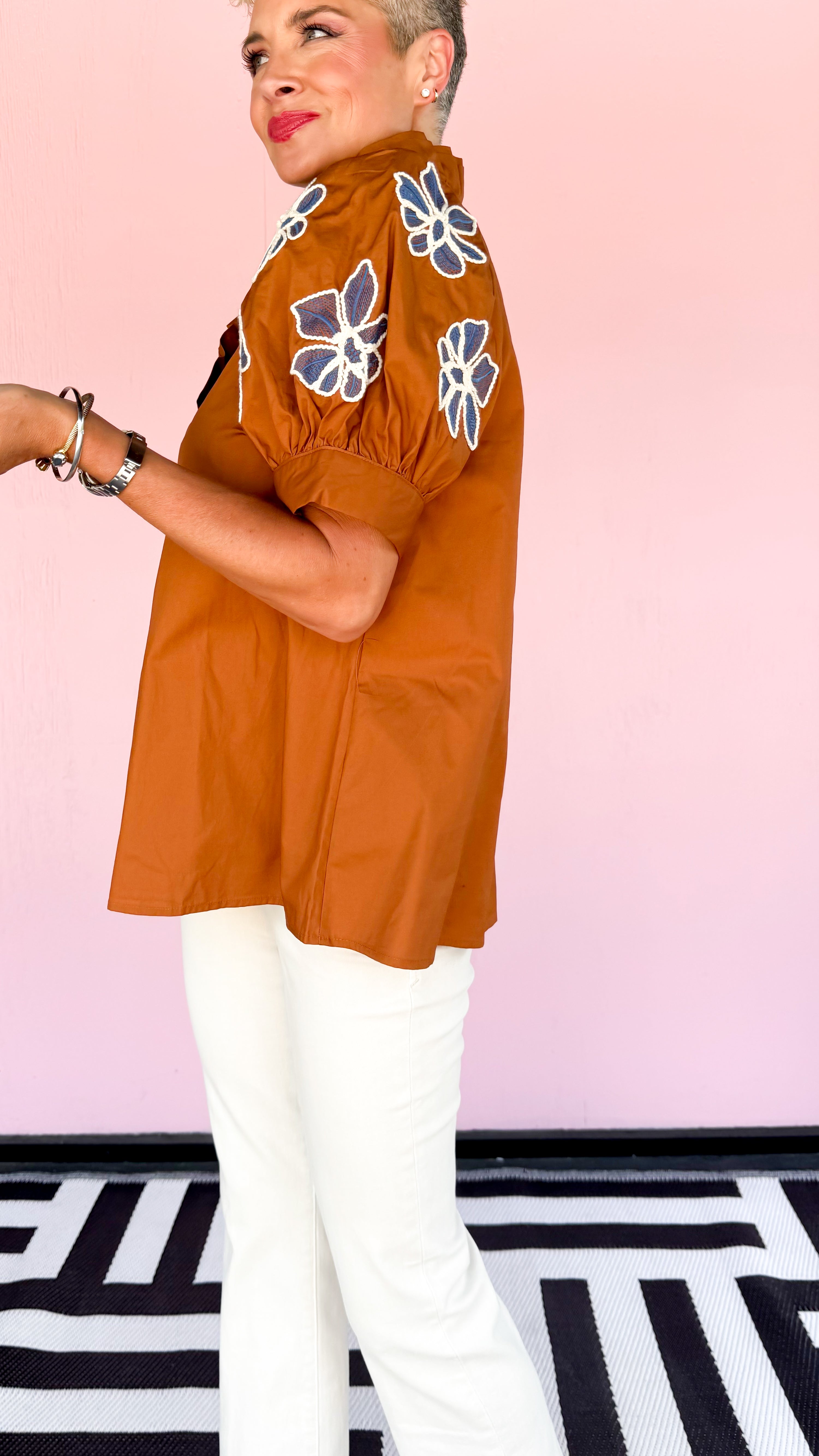 Embroidered Puff Sleeve Top/Rust - The BLVD