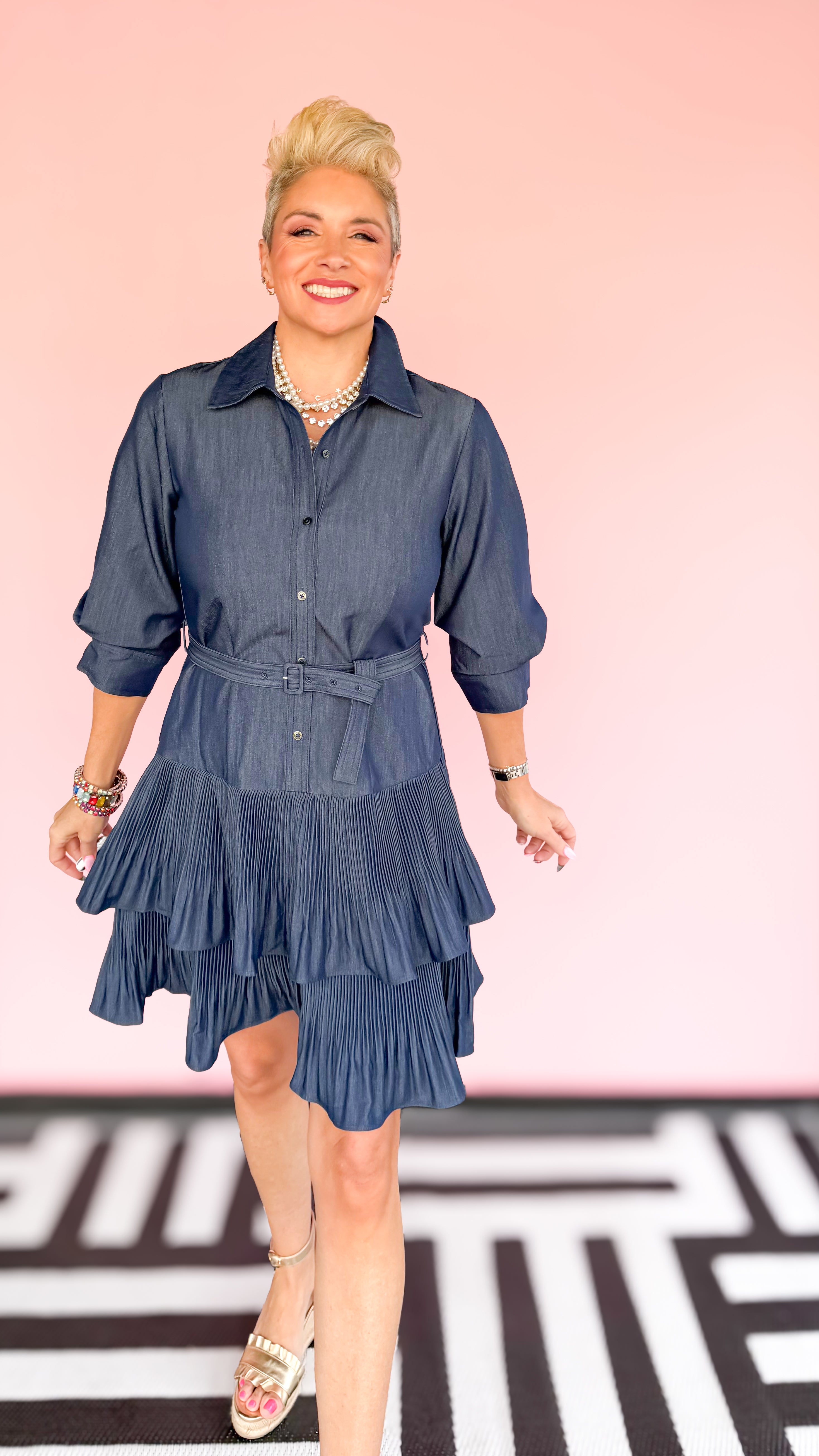 Denim Mini Shirt Dress w/Pleats