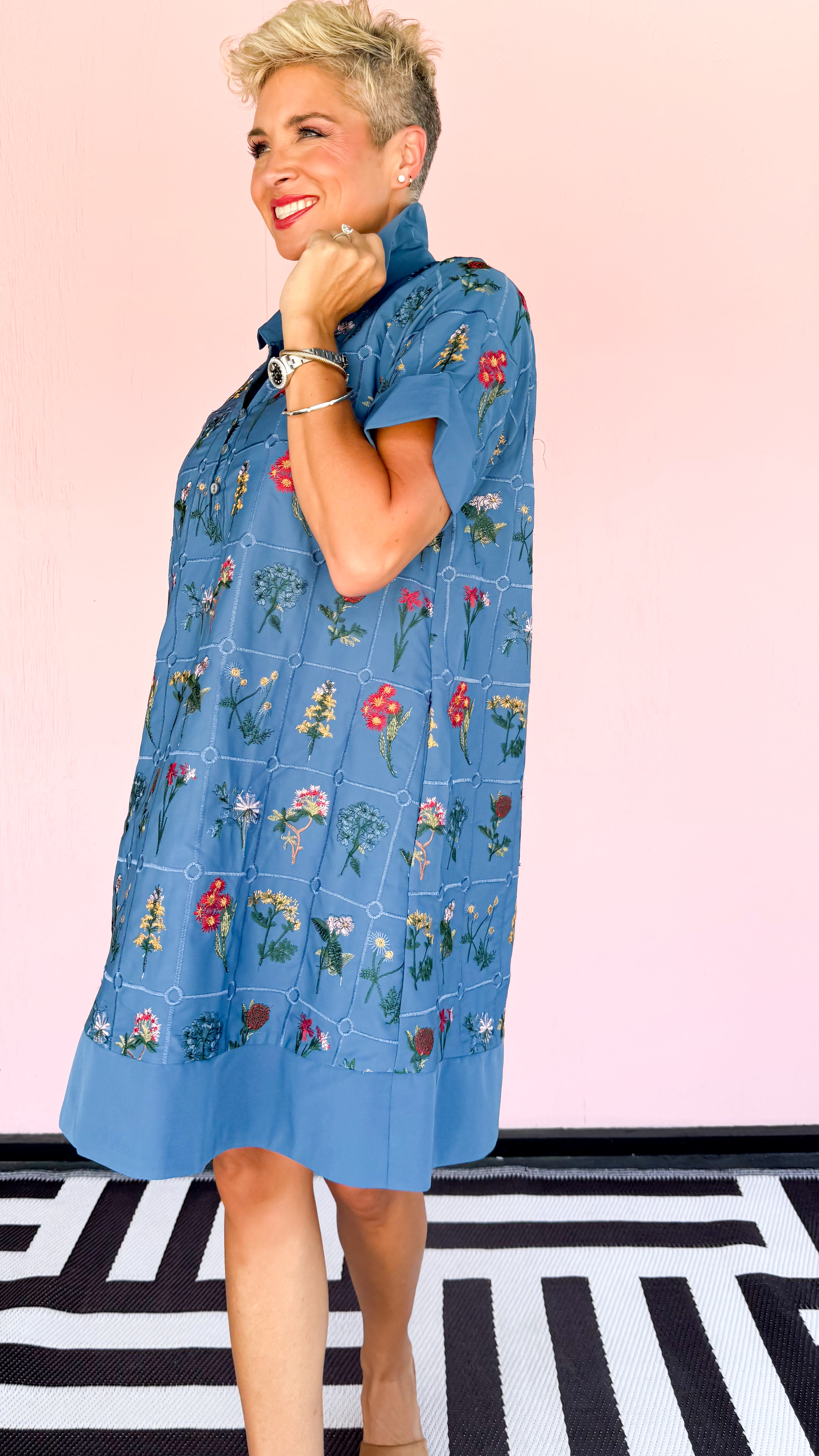 Windowpane Mini Floral Dress/Blue - The BLVD