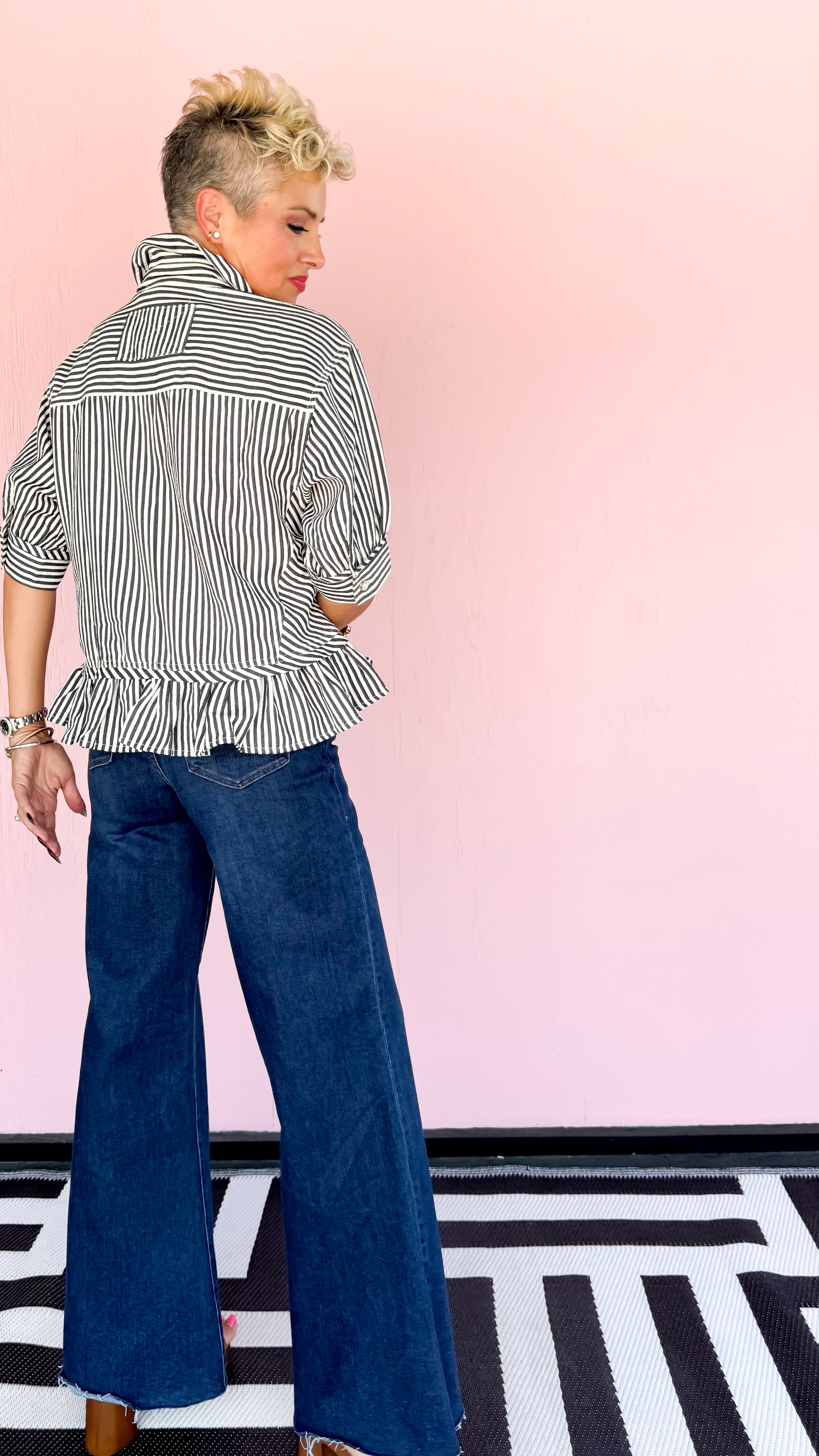 Seersucker Striped Top with Ruffle/Black - The BLVD