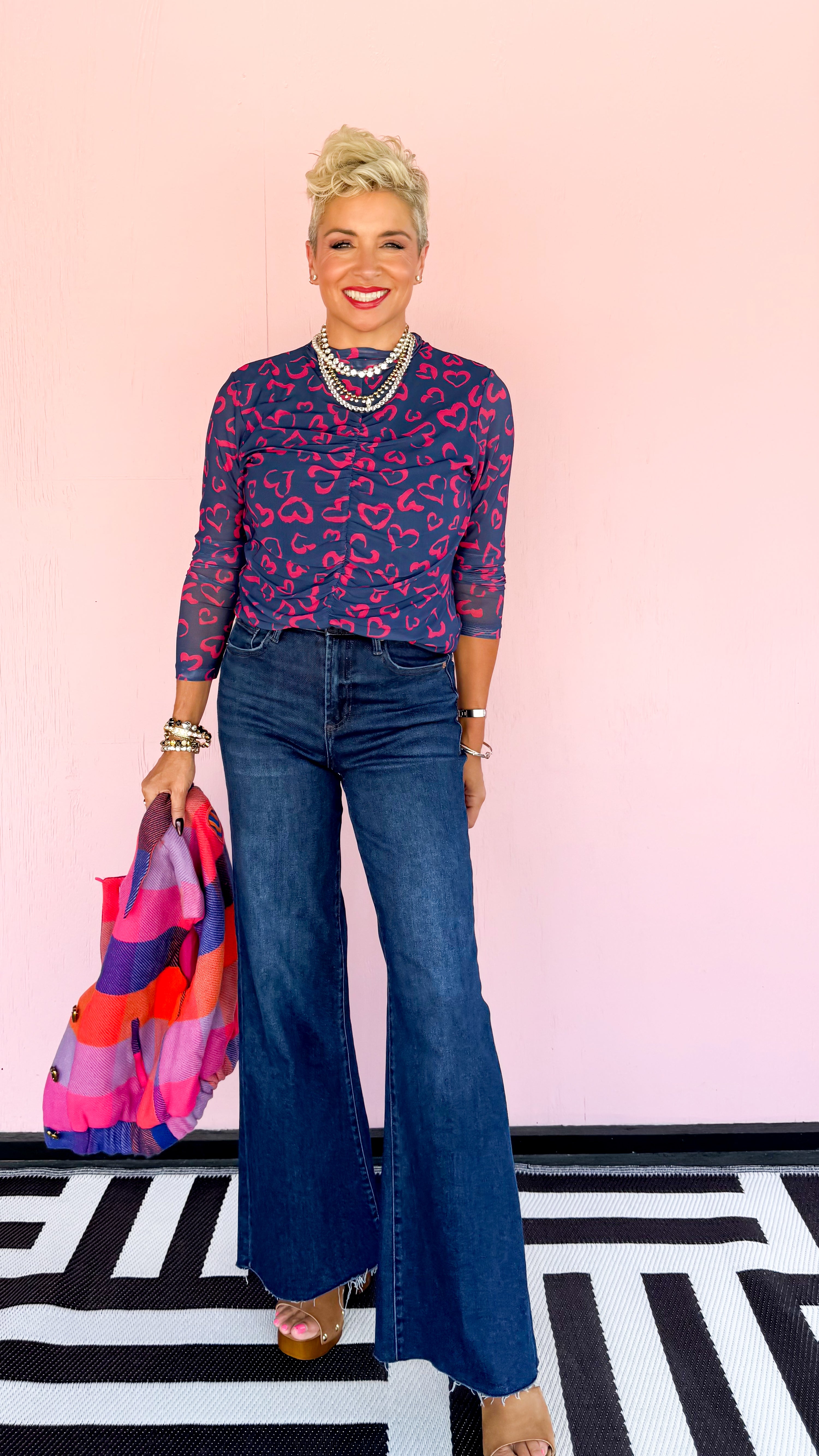 Pink Hearts Mesh Blouse/Navy - The BLVD