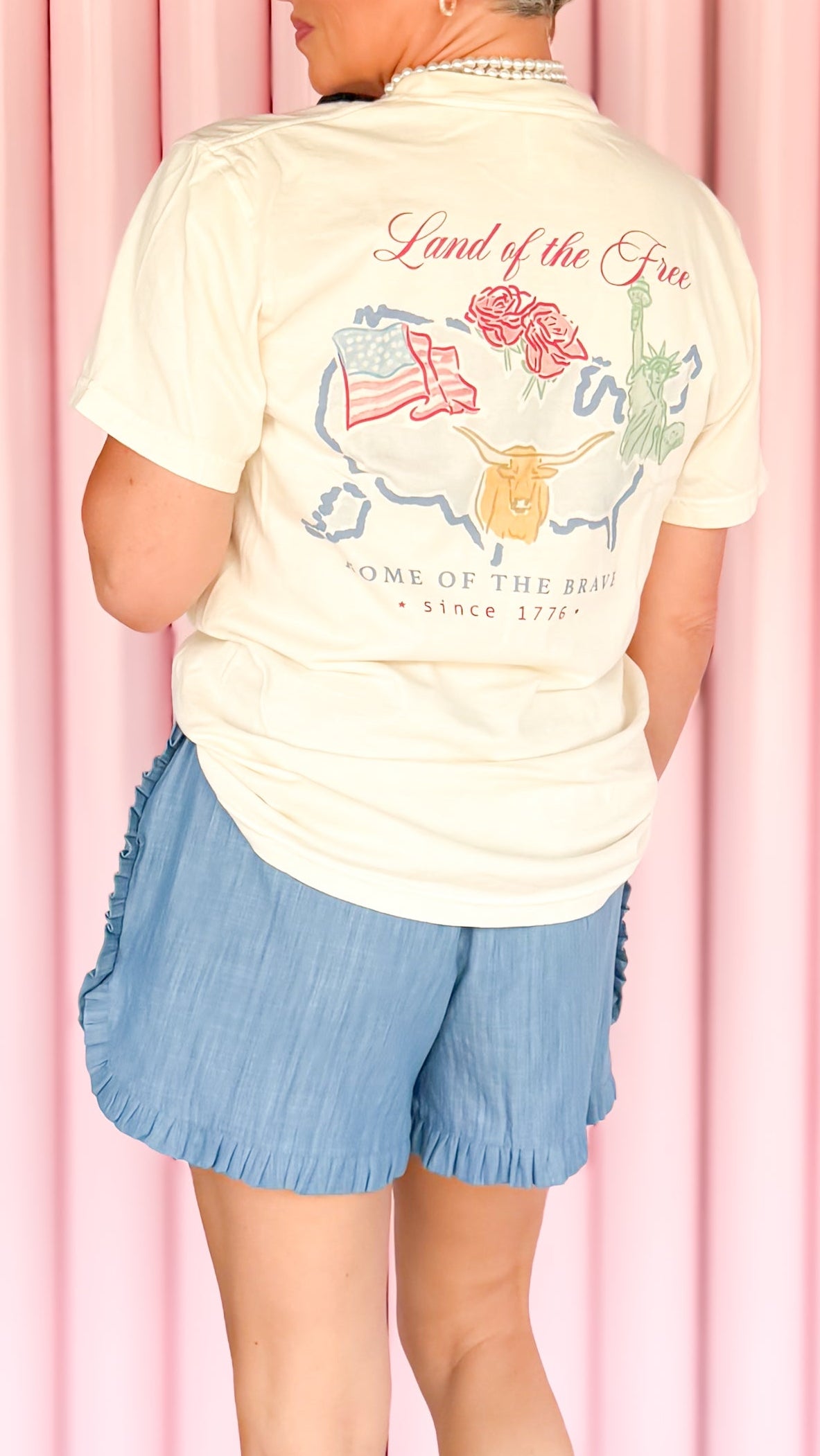 Land of the Free watercolor tee worn on model - detail view - BLVD Boutik