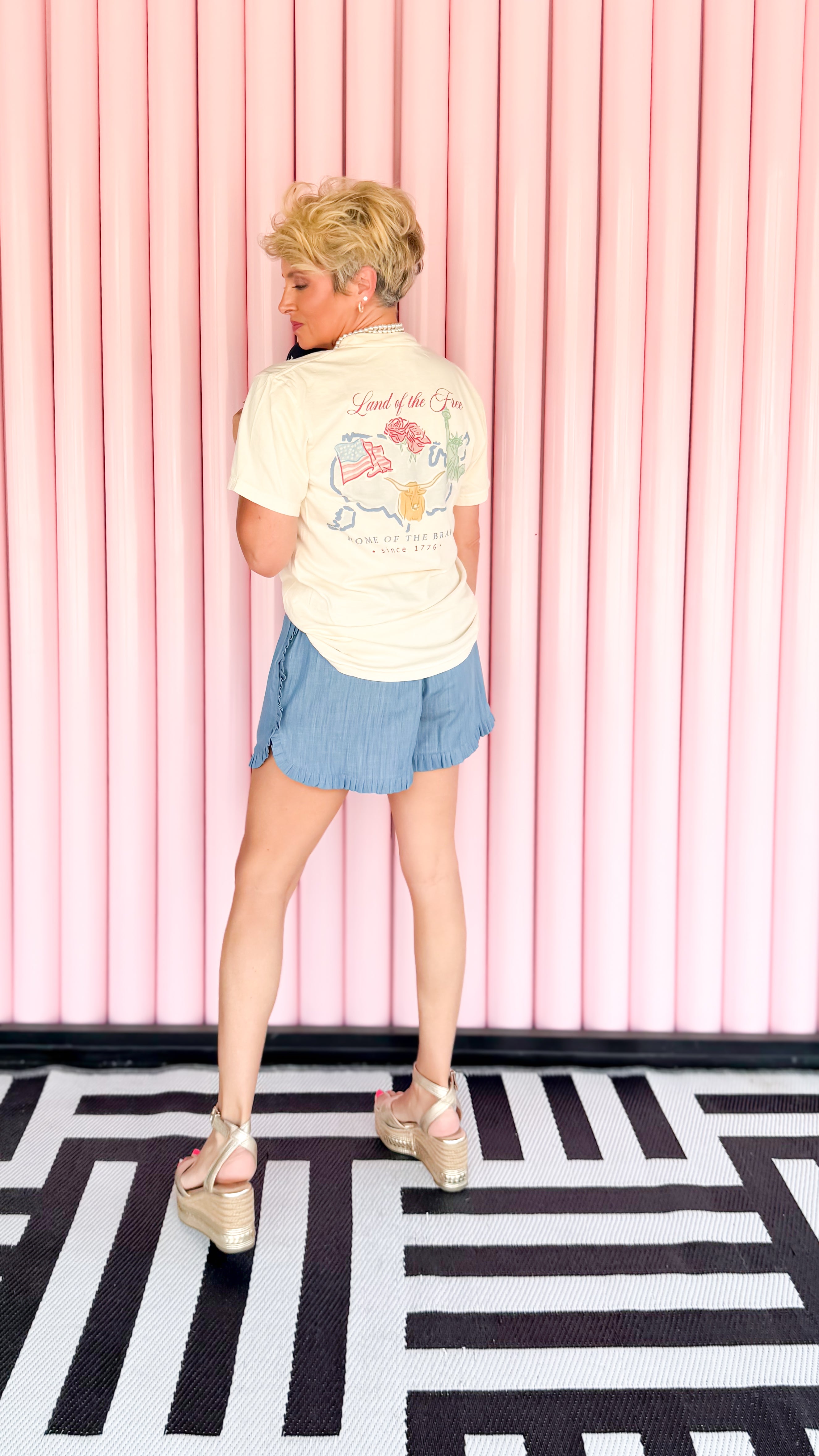 Land of the Free watercolor tee worn on model - styled view - BLVD Boutik