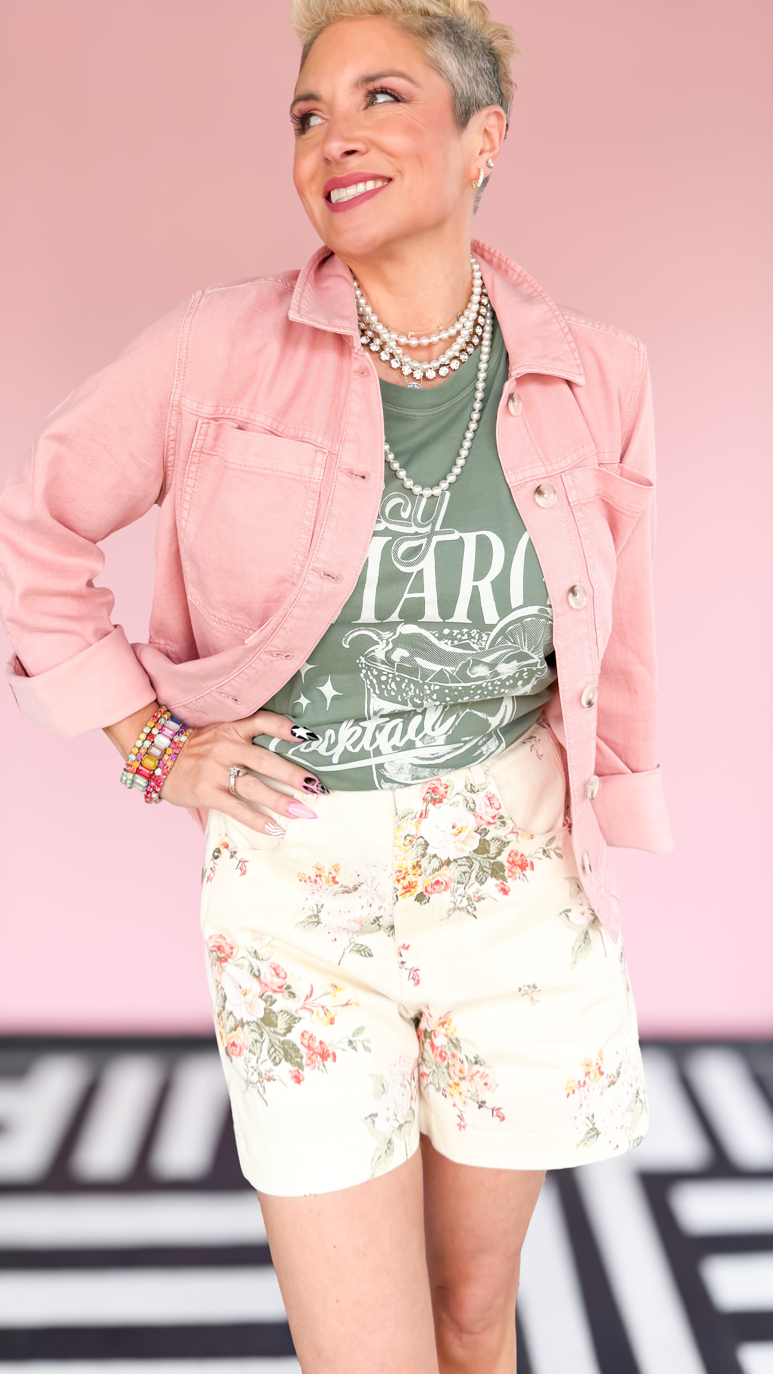 High-Low Denim Shacket/Blush