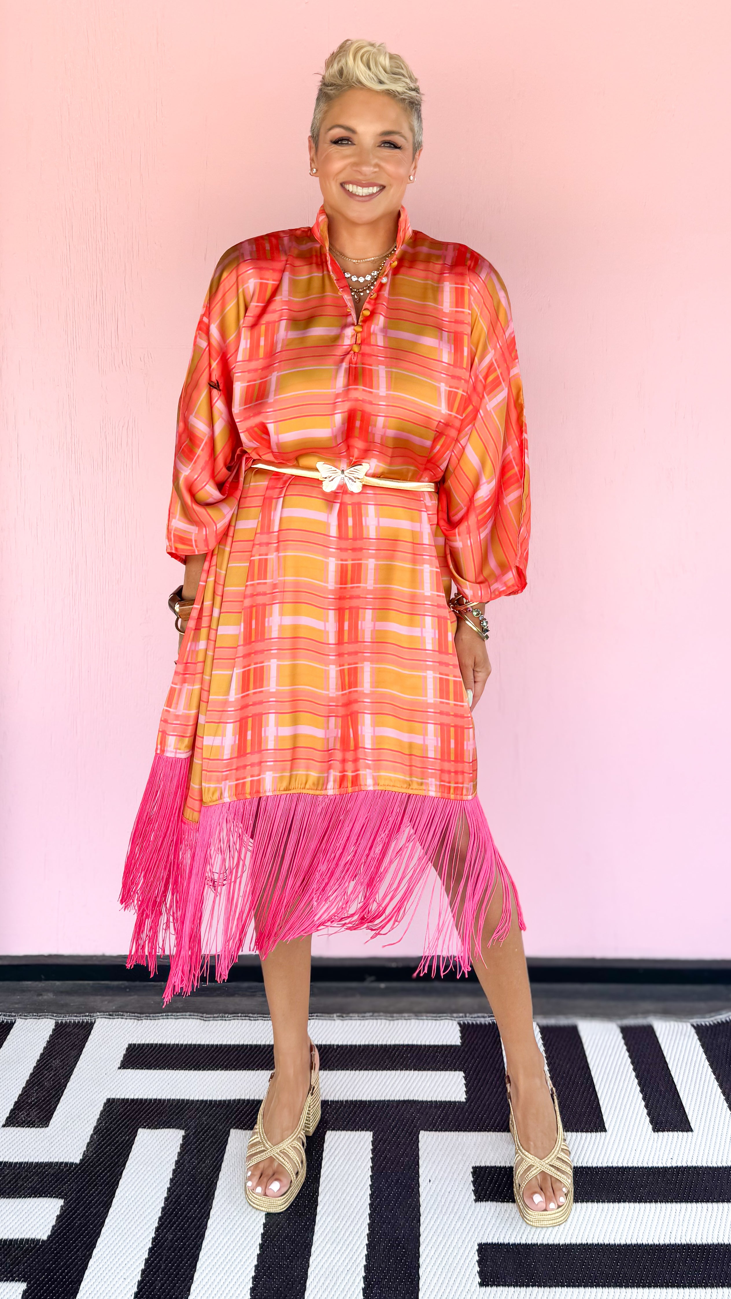Plaid Caftan w/Fringe/Orange